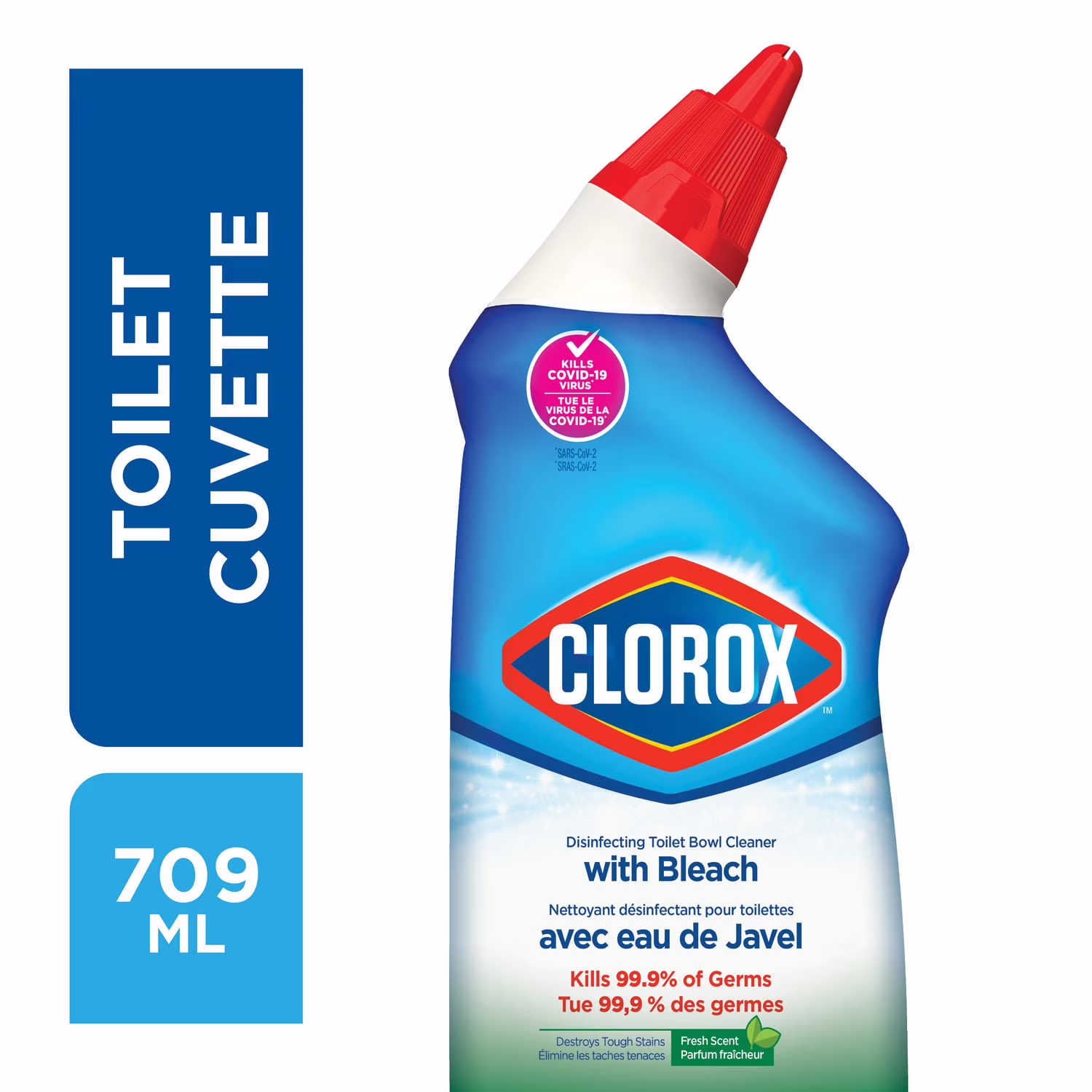 Nettoyant désinfectant pour cuvette clorox avec eau de javel au parfum fraîcheur.  nettoyant cuvette de toilette