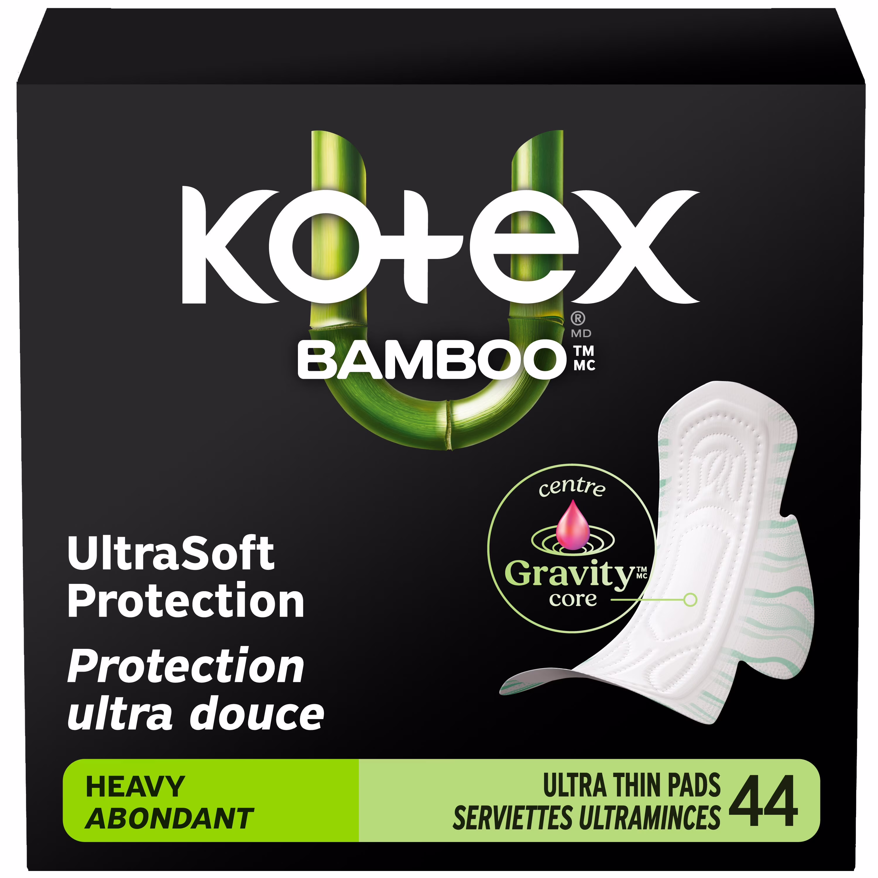 Serviettes ultraminces kotex bamboo avec ailes. absorption élevée. 44 unités