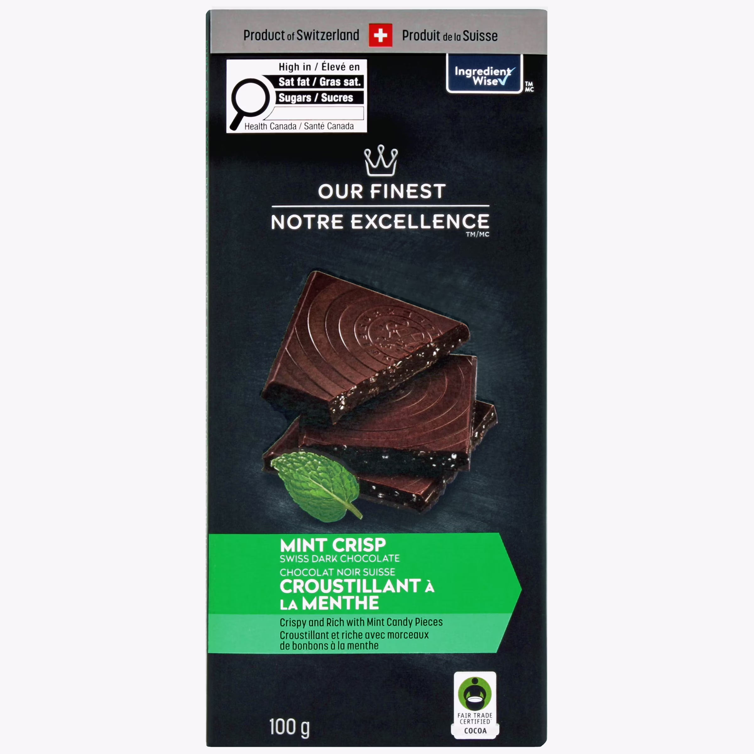 Chocolat noir suisse croustillant à la menthe notre excellence