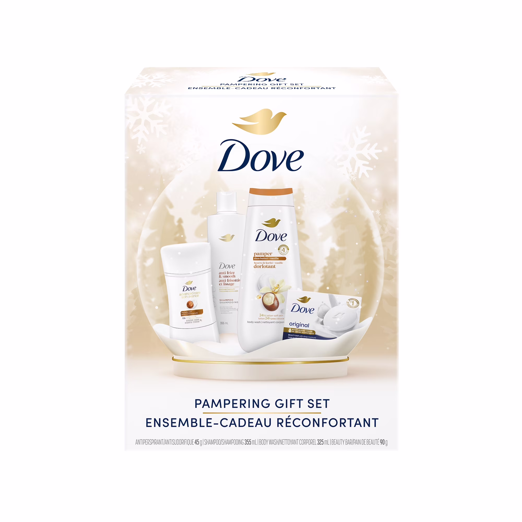 Dove ensemble-cadeau pour femmes avec nettoyant corporel. déodorant antisudorifique. shampooing et pain de beauté au parfum réconfortant de beurre de karité