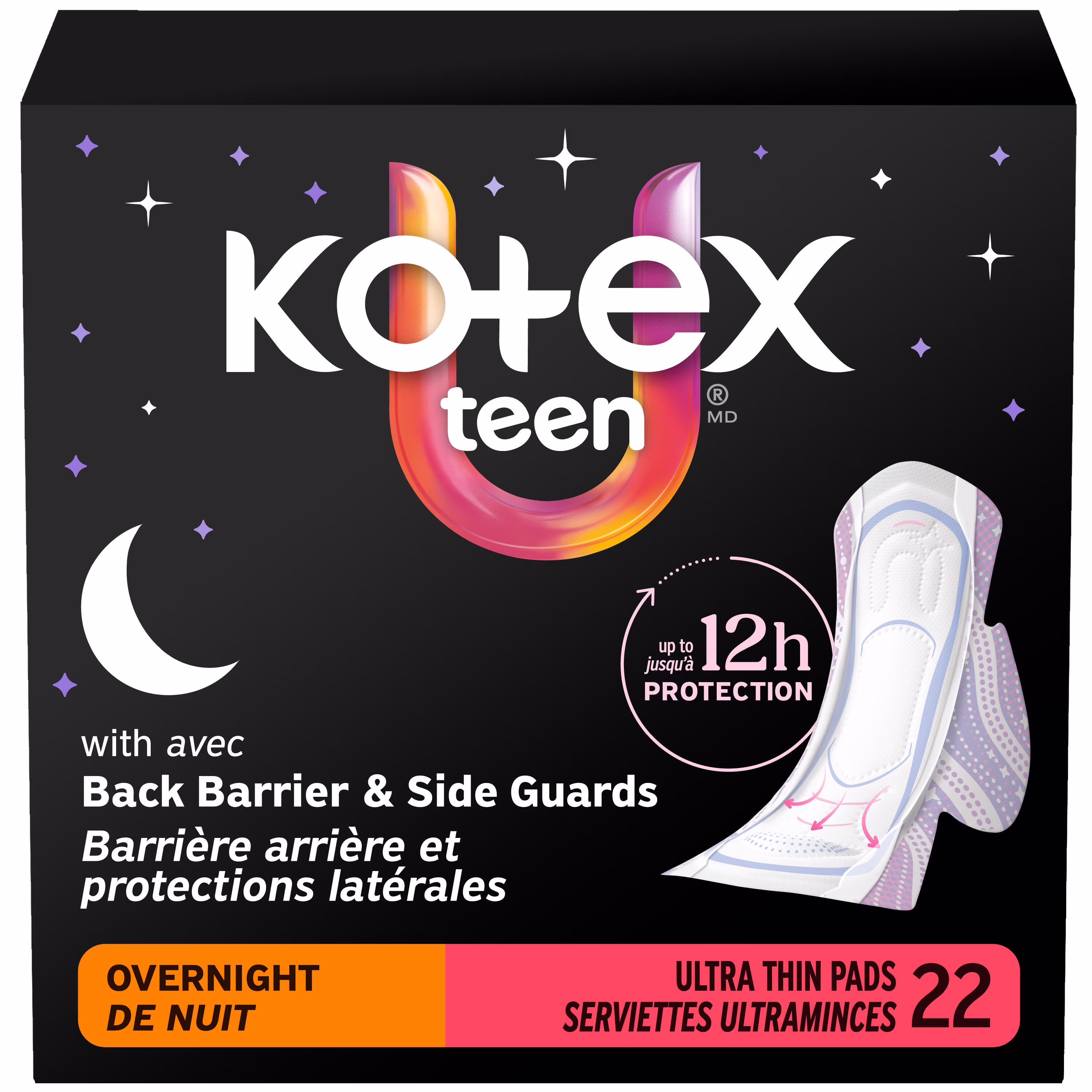 Serviettes ultraminces de nuit pour adolescentes kotex bamboo avec ailes. absorption élevée. 22unités