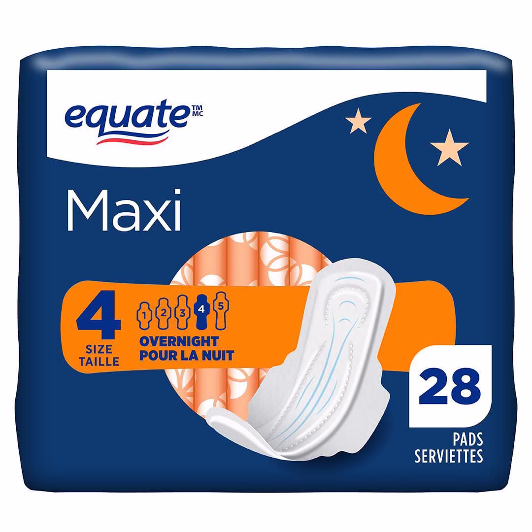 Serviettes maxi equate à absorption de nuit avec flexi-wings. taille& 4. 28& unités 28& serviettes maxi. taille& 4. sans parfum. avec flexi-wings