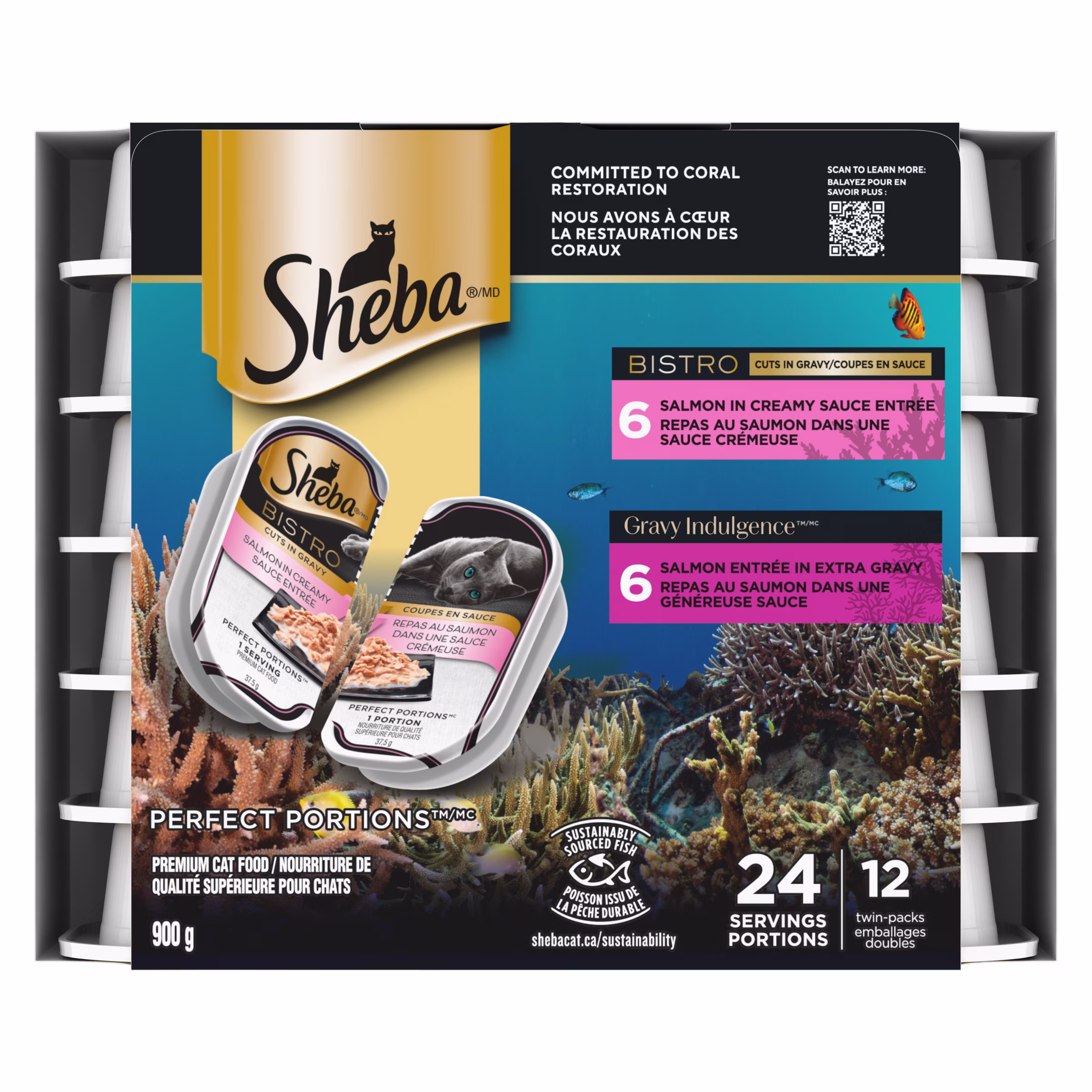 Sheba nourriture humide pour chats adultes bistro coupes en sauce saumon en sauce crémeuse et saumon sauce indulgence en sac varié. (12) plateaux de