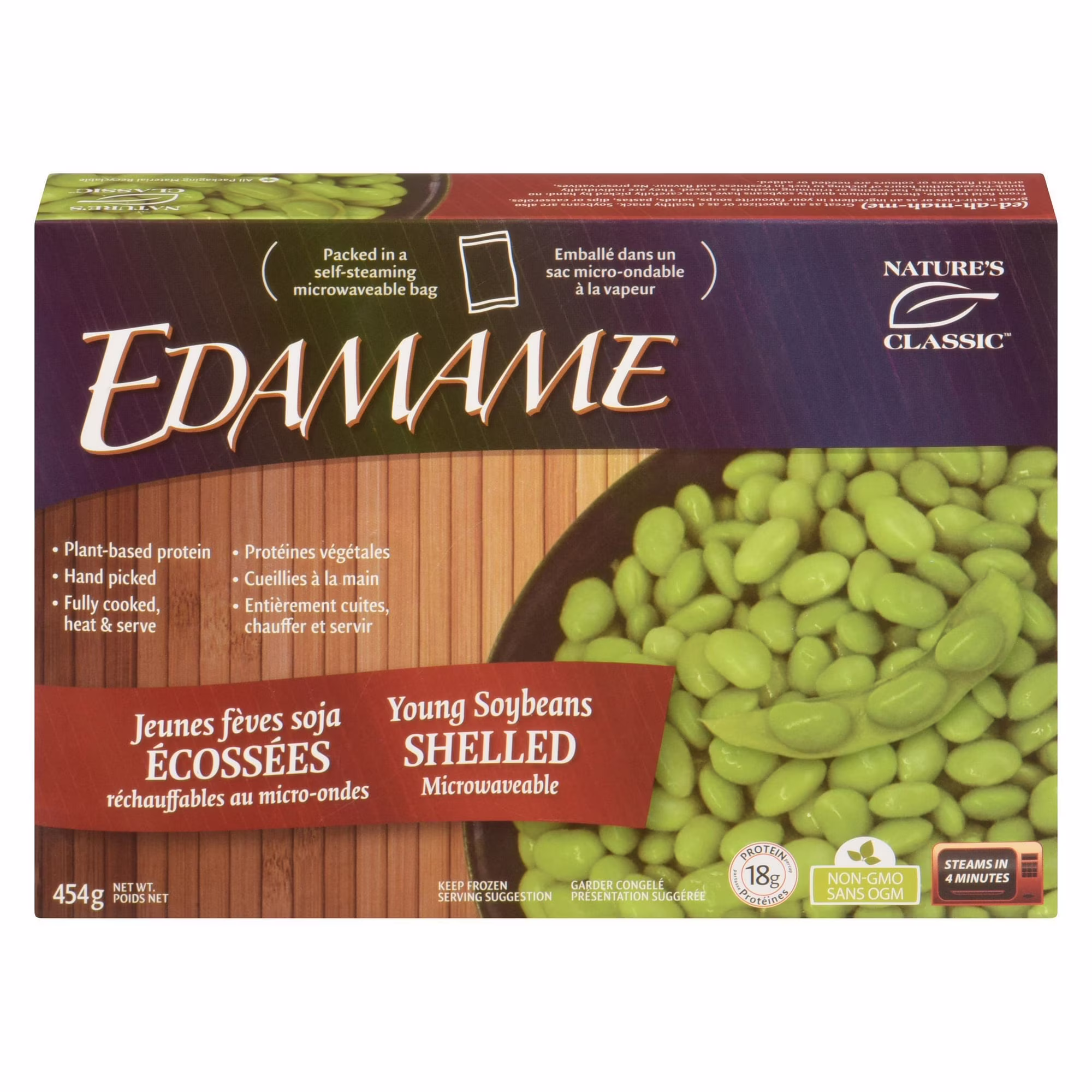 Jeunes fèves soja écossés edamame de nature's classic allen family foods  réchauffables au micro-ondes.  micro-ondes