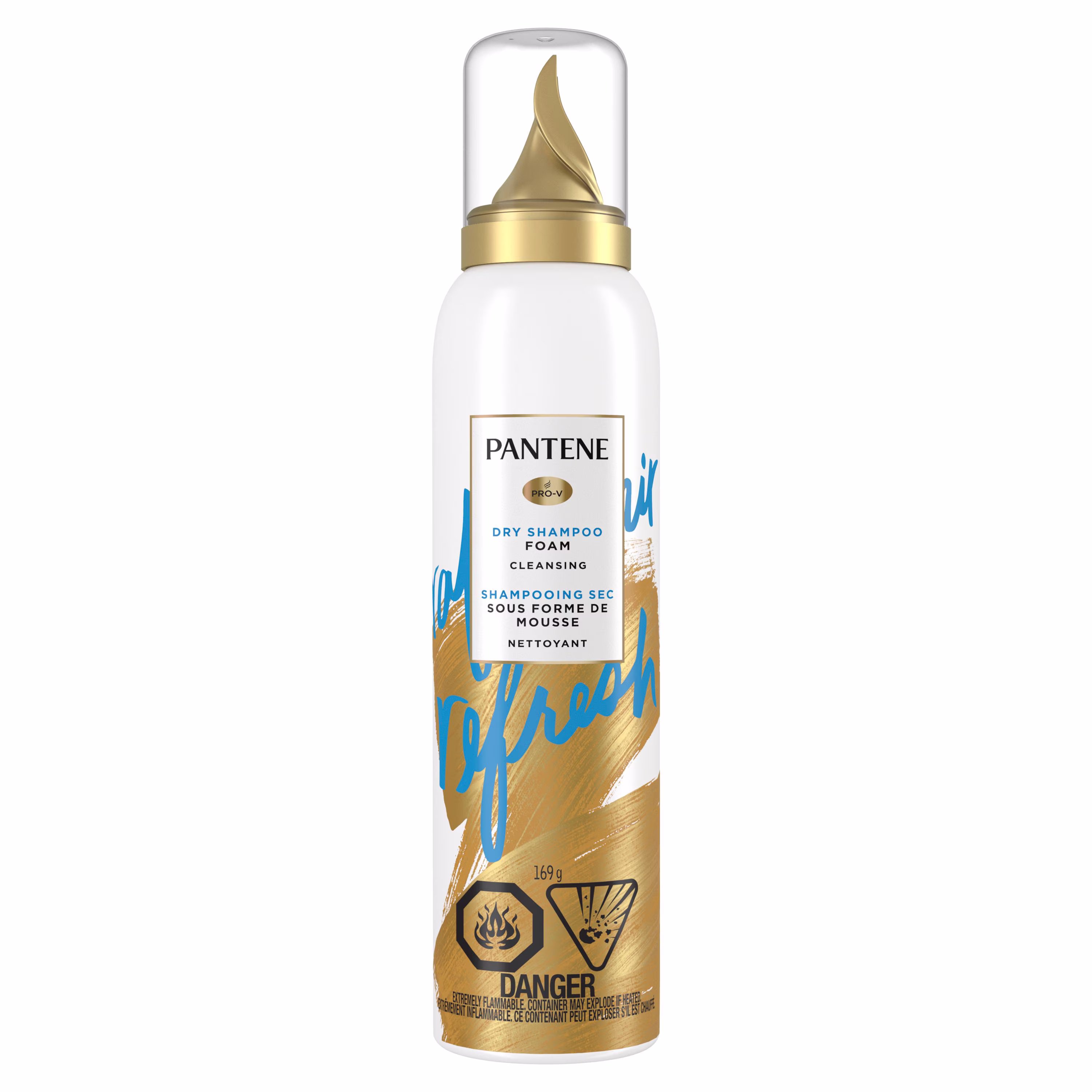Shampooing sec sous forme de mousse pantene. vitamine b5. les cheveux épais. bouclés et texturés. sûr pour les cheveux colorés. pro-v refresh