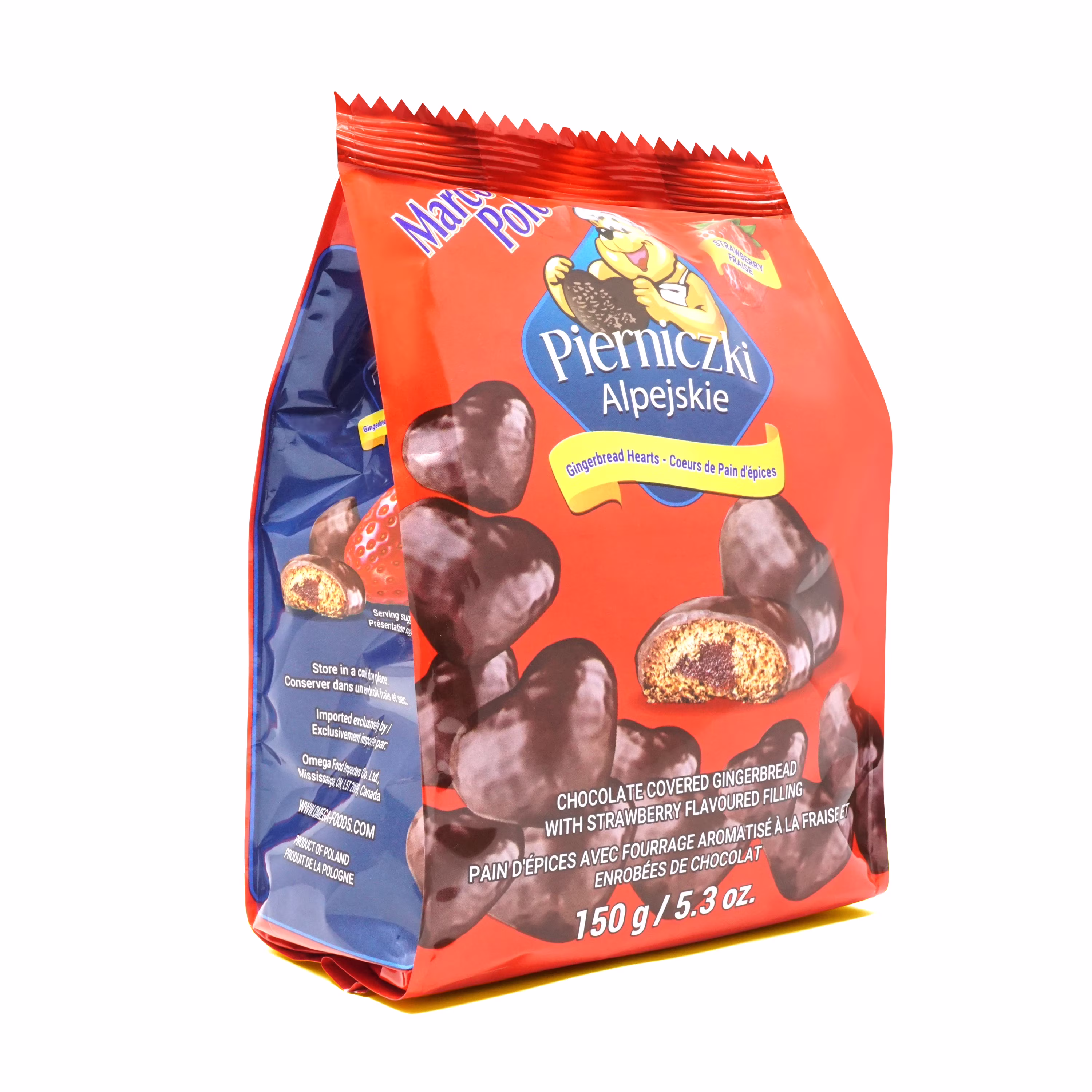 Marco polo cœurs de pain dépices fourrés à la fraise enrobés de chocolat.