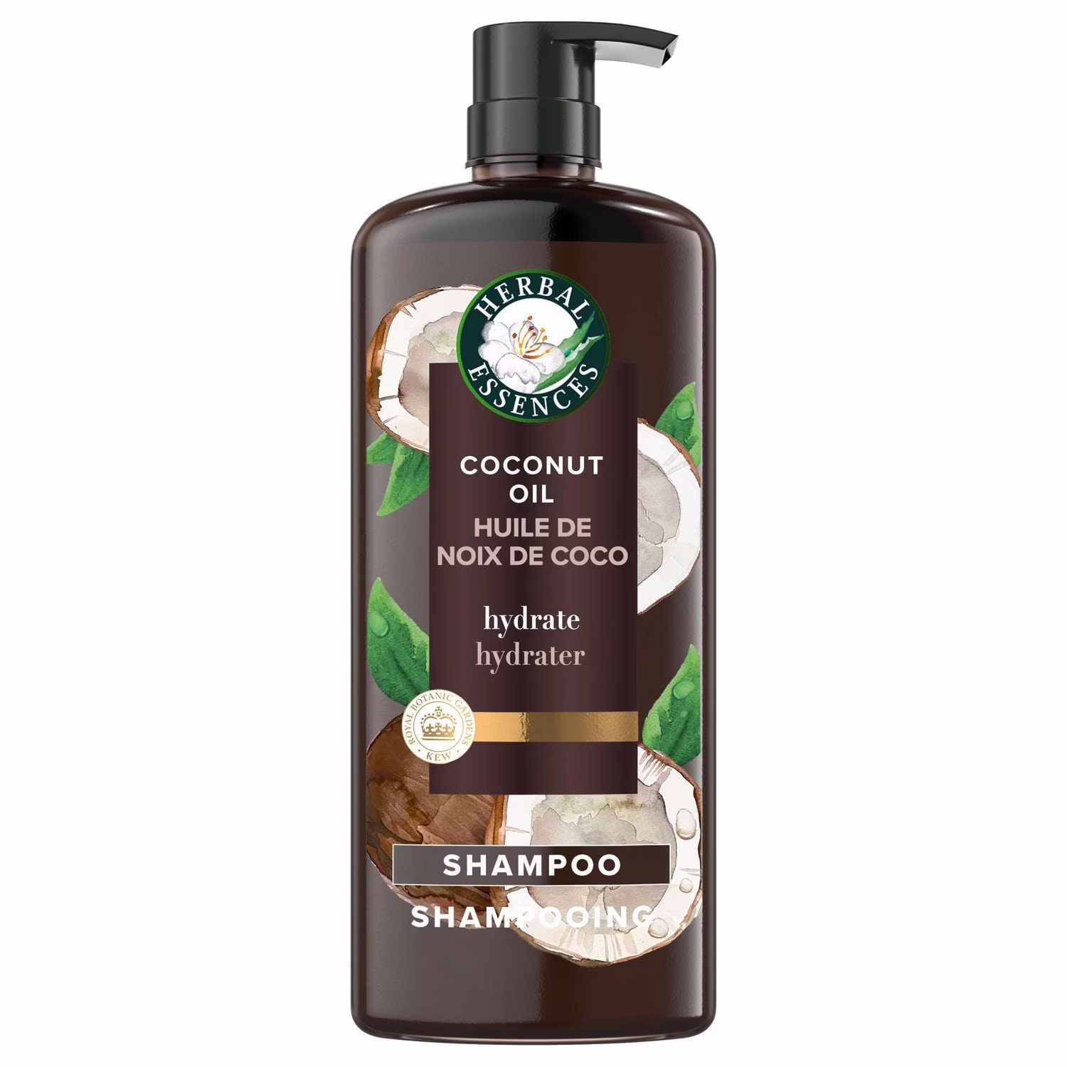 Herbal essences shampooing hydratant à l'huile de noix de coco. avec huile de camélia certifiée et aloès vera. pour tous les types de cheveux. surtout les cheveux secs