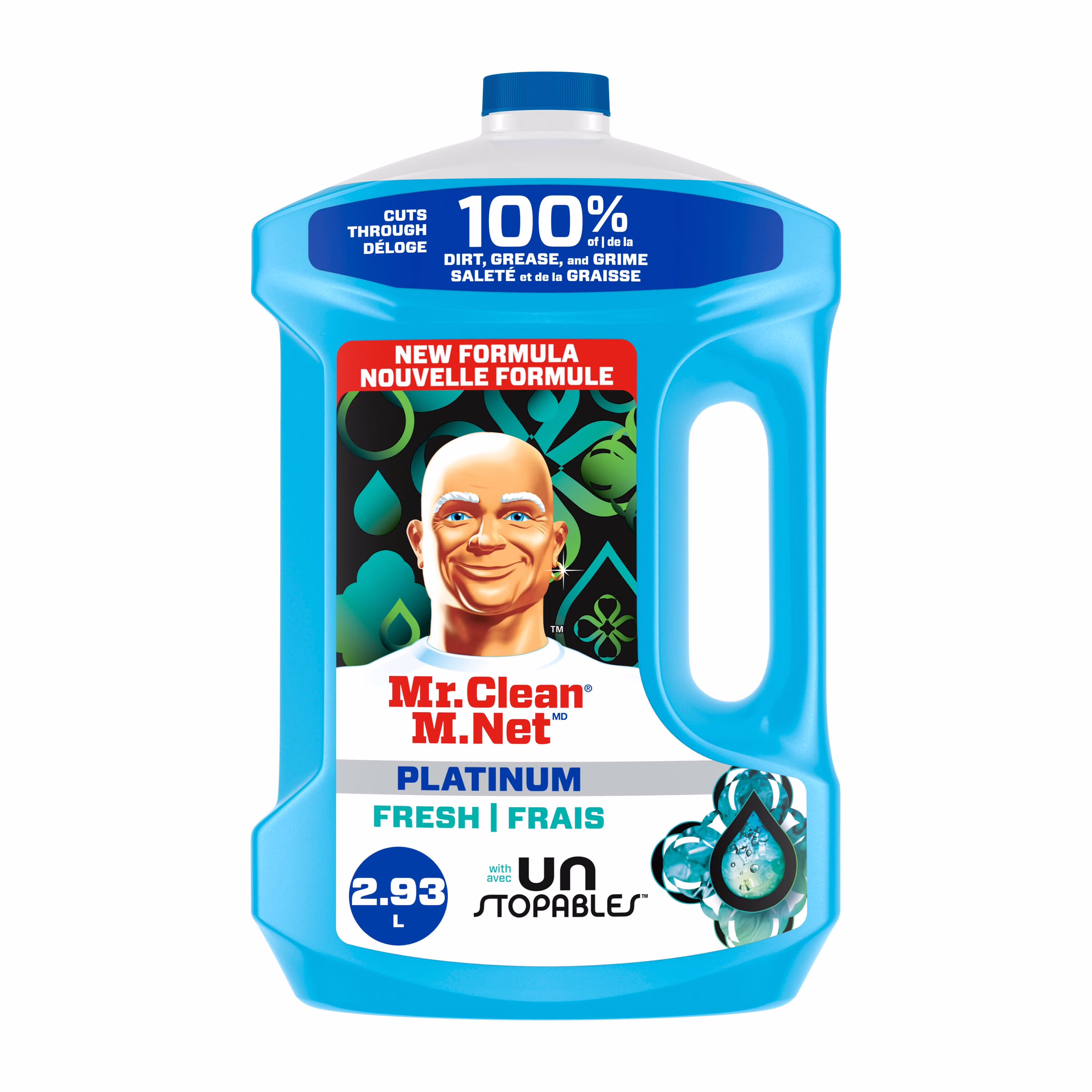 Nettoyant tout usage m. net. nettoyant pour planchers. savon pour vadrouille. nettoyant liquide. unstopables 2.93 l
