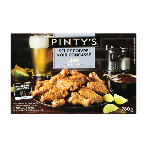 Pinty's Ailes de poulet entièrement cuites et assaisonnées glacées au sel et au poivre concassé 780 g (congelées)
