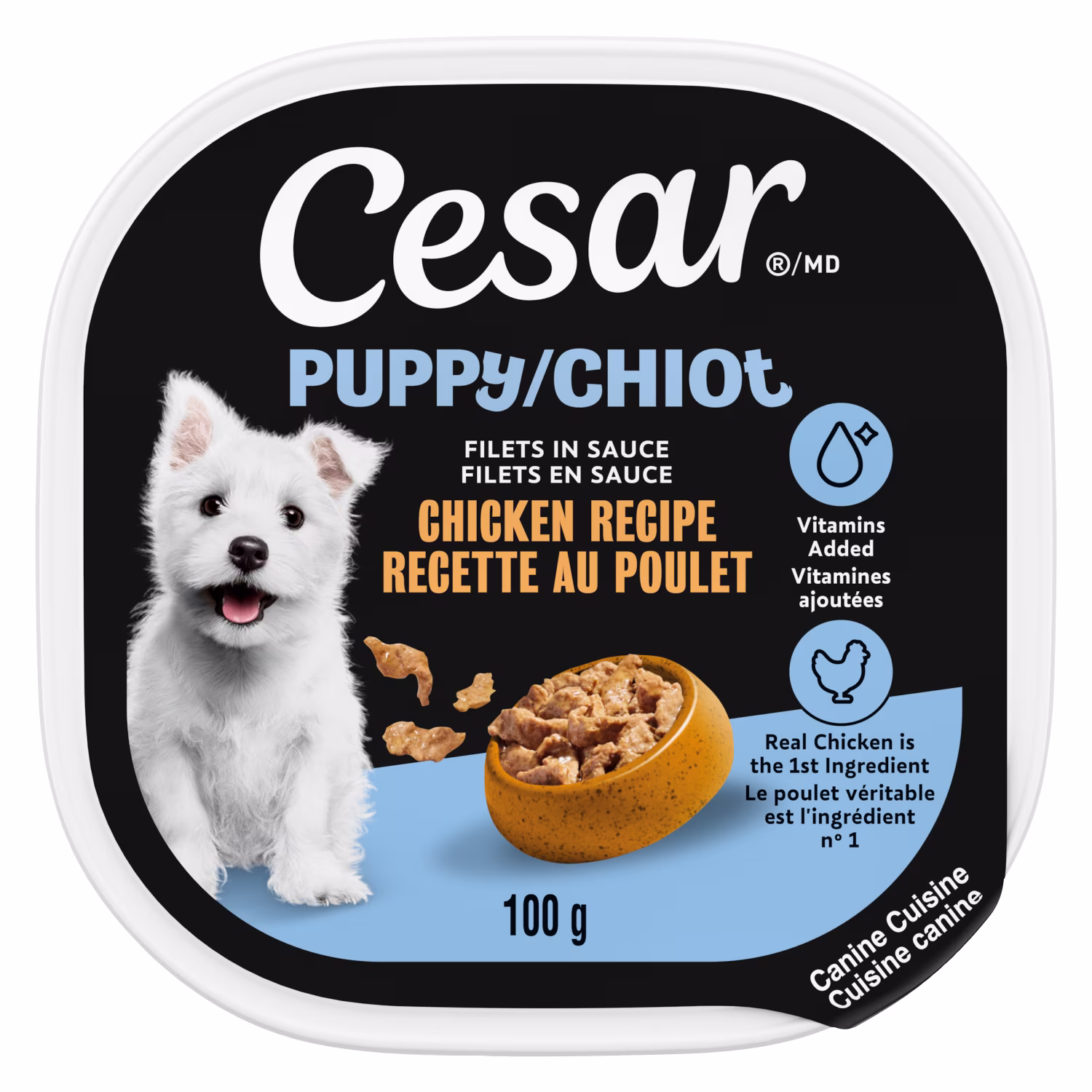 Nourriture humide et moelleuse pour chiots cesar filets en sauce recette au poulet. (24) barquettes de  faciles à ouvrir