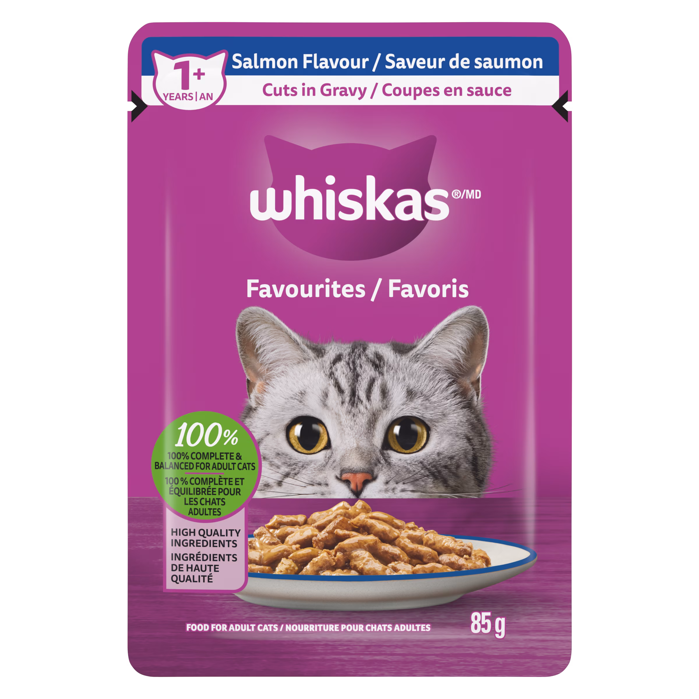 Sachet de nourriture pour chats saveur de saumon, coupes en sauce