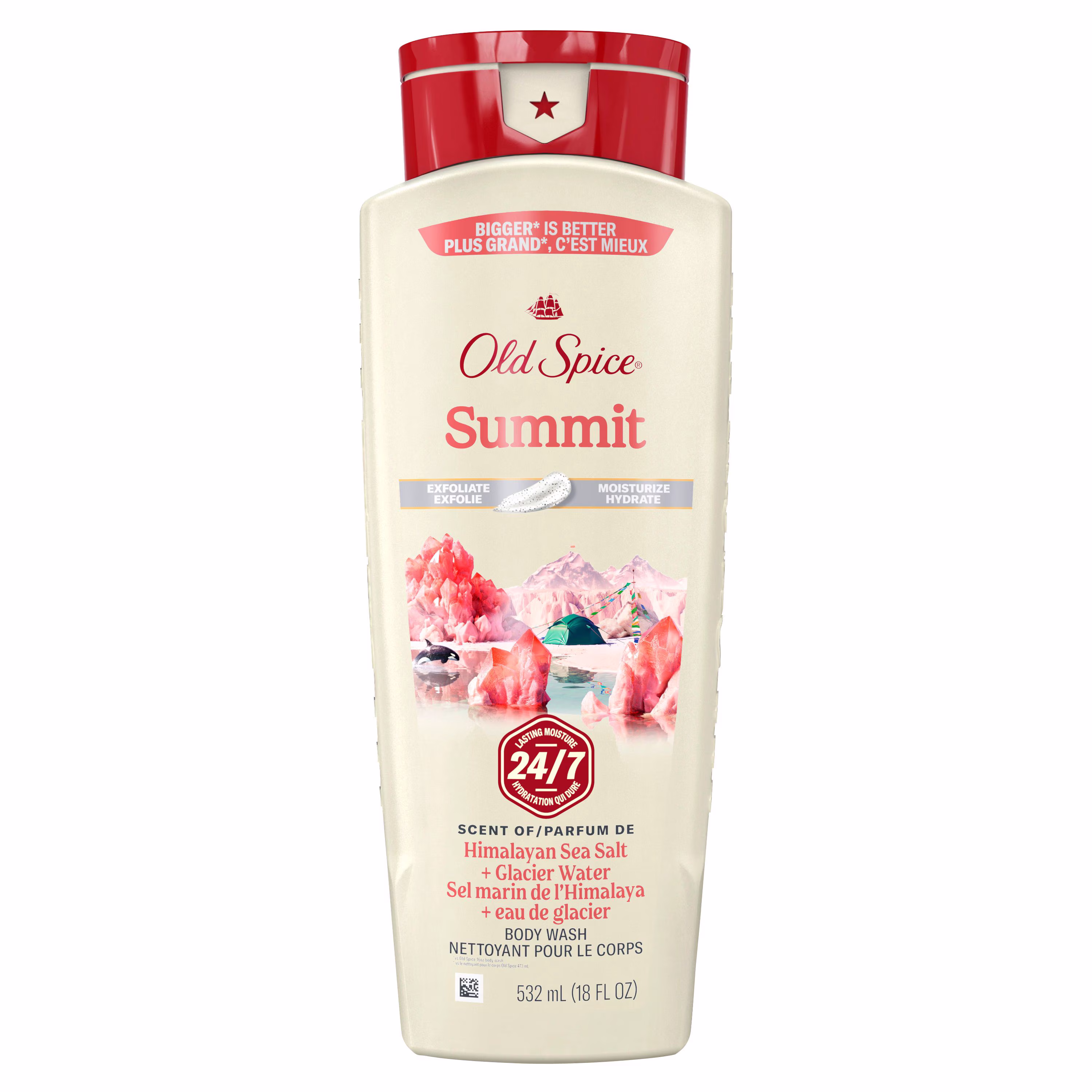 Nettoyant pour le corps pour hommes old spice. parfum summit. fraîcheur après-lavage 24 heures sur 24. 7 jours sur 7. exfoliation + hydratation