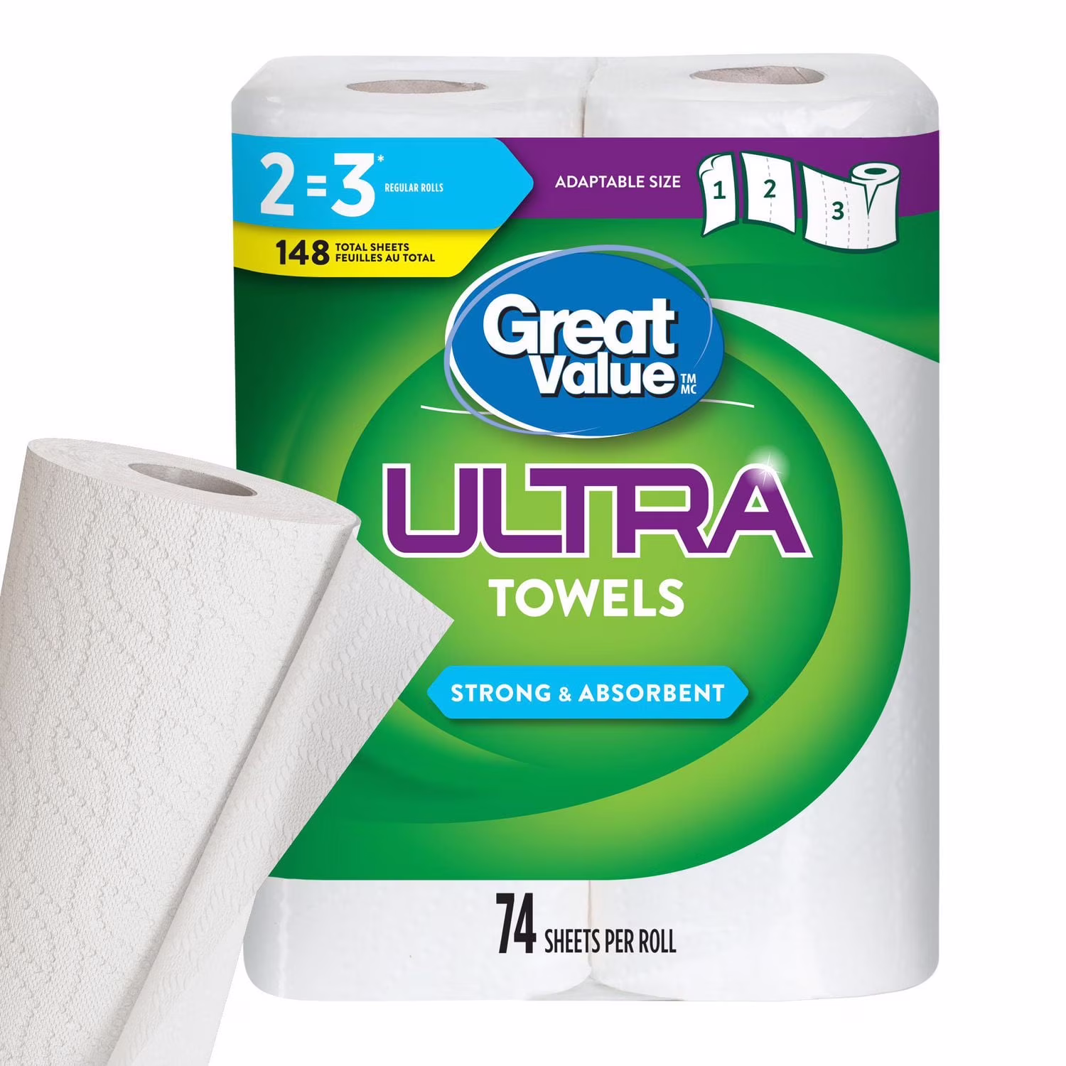 Great value ultra essuie-tout. 2 équivalant à 3 rouleaux 74 feuilles par rouleau