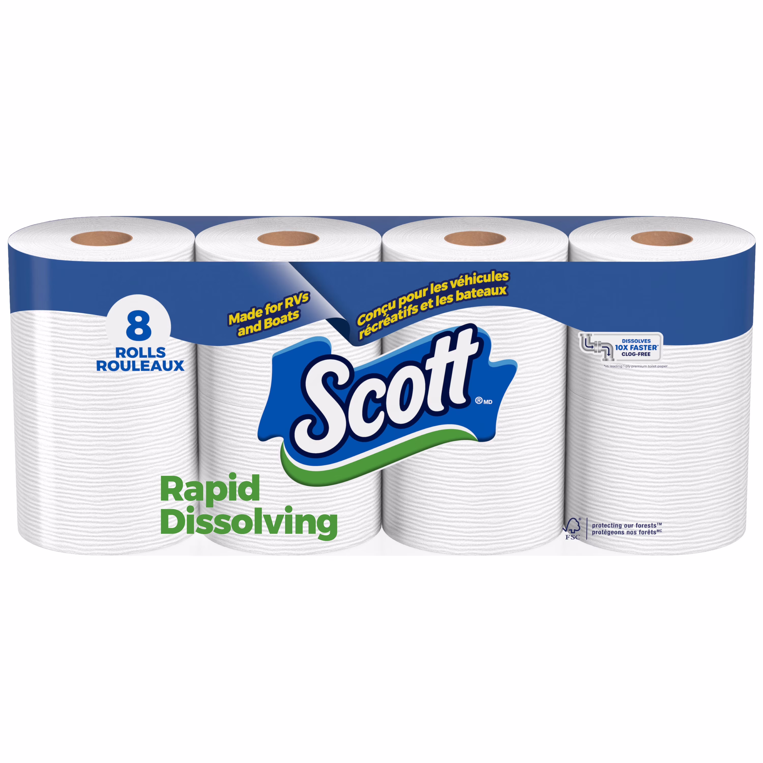 Papier hygiénique scott à dissolution rapide. 8 rouleaux doubles. durable. sûr pour les fosses septiques. papier hygiénique papier hygiénique à dissolution rapide