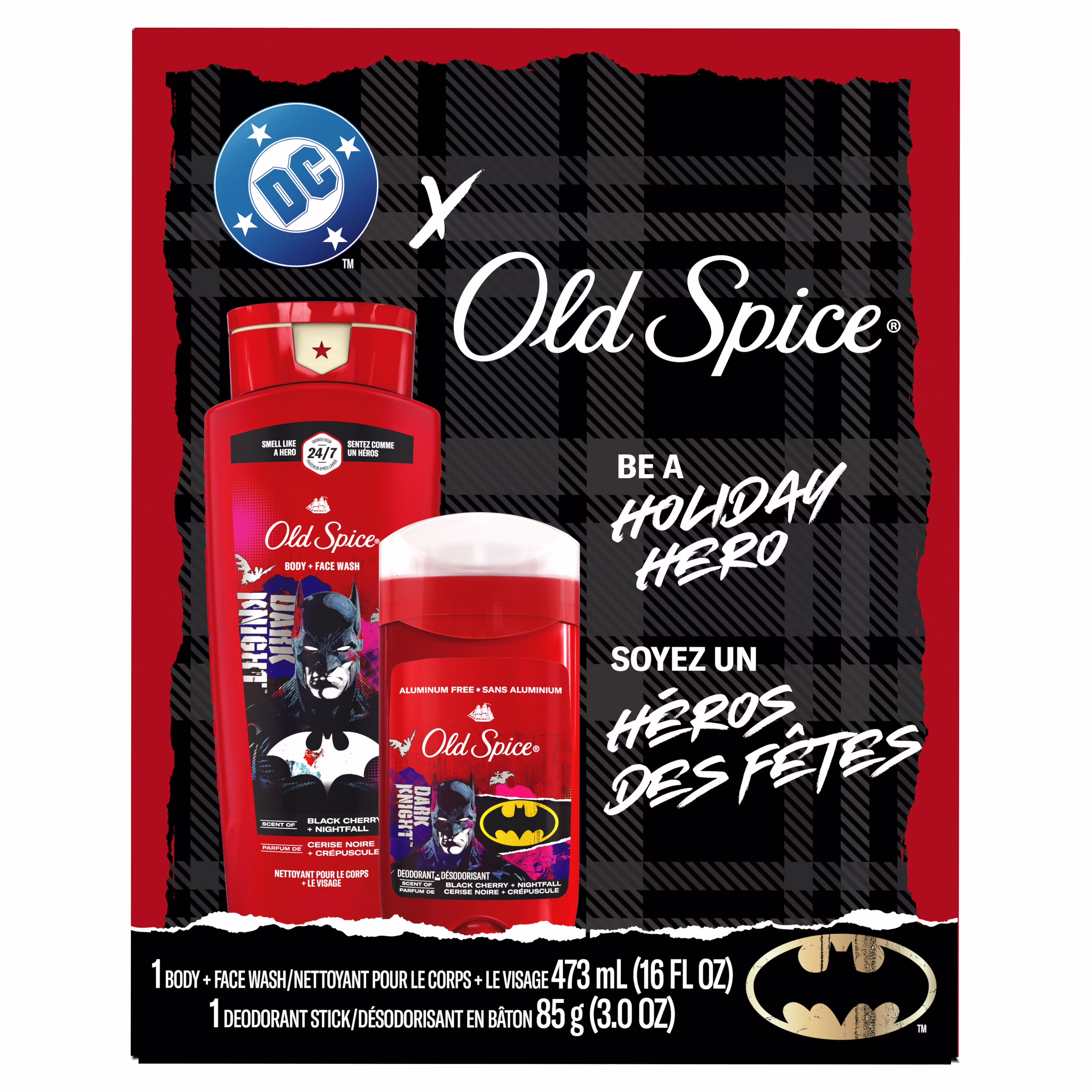 Ensemble-cadeau old spice batman avec un désodorisant batman de  et un nettoyant pour le corps de 473 ml