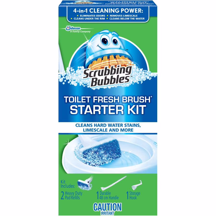 Scrubbing bubbles brosse fraîcheur toilette nécessaire de départ. comprend 1 manche. 2 recharges de tampons pour gros travaux et un crochet de rangement 1 pièce