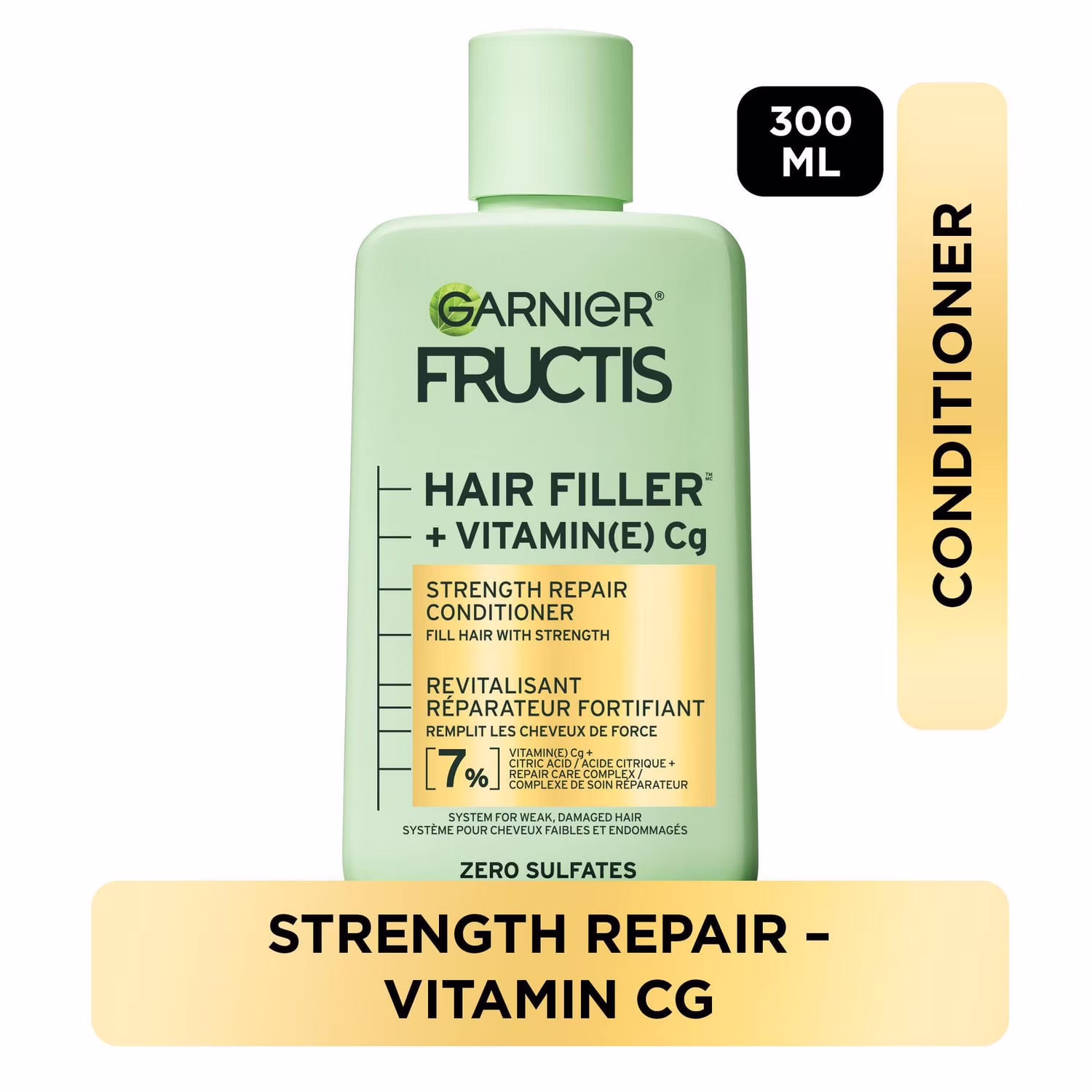 Garnier fructis hair fillers + vitamine c revitalisant sans sulfates réparateur et fortifiant. pour cheveux faibles et endommagés. jusqu'à 4x moins de cassures & 79% de force en plus.  renforce les cheveux abîmés