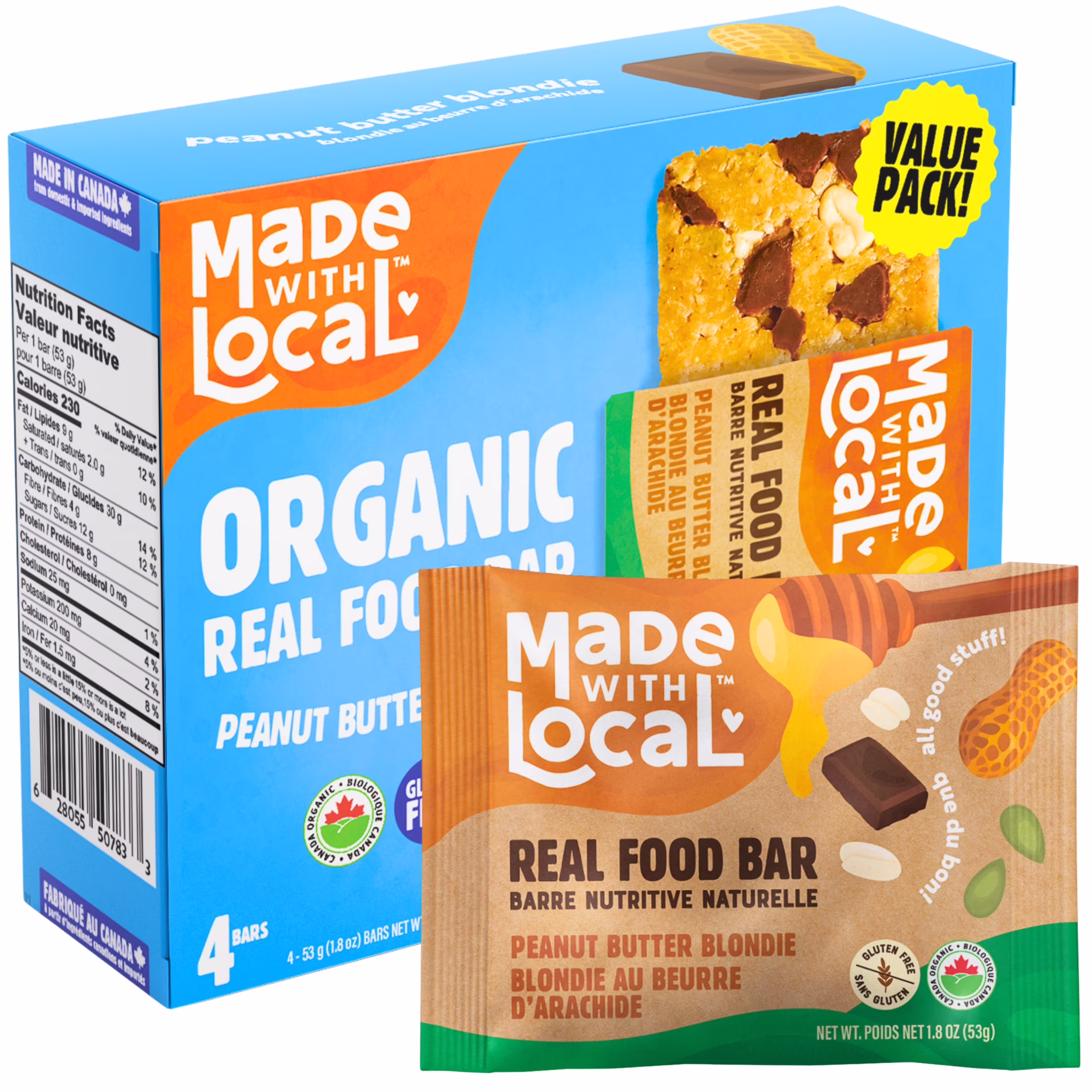Made with local- barres énergétiques biologiques blondie au beurre d'arachide (biologiques. sans gluten. sans ogm.  de protéines. ingrédients simples. fabriquées au canada). paquet de 4 (212 g) made with local - blondie au beurre d'arachide. paquet de 4 (