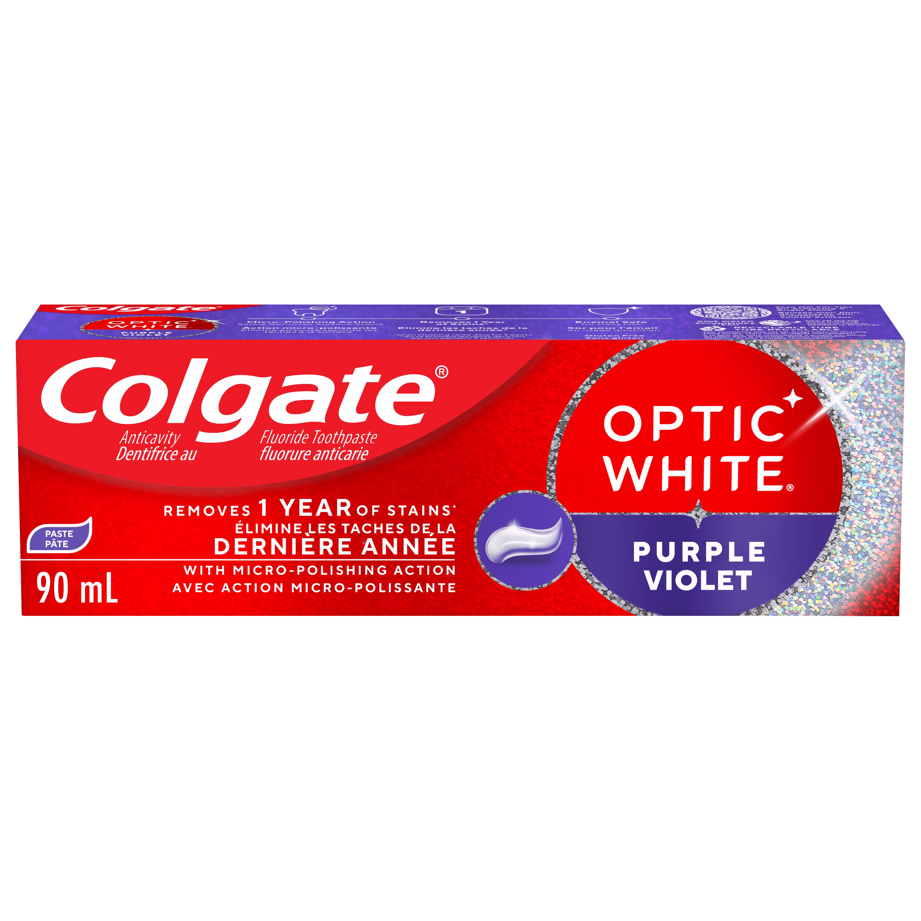 Dentifrice colgate optic white violet pour le blanchiment des dents. pâte à la menthe.  tp col ow violet