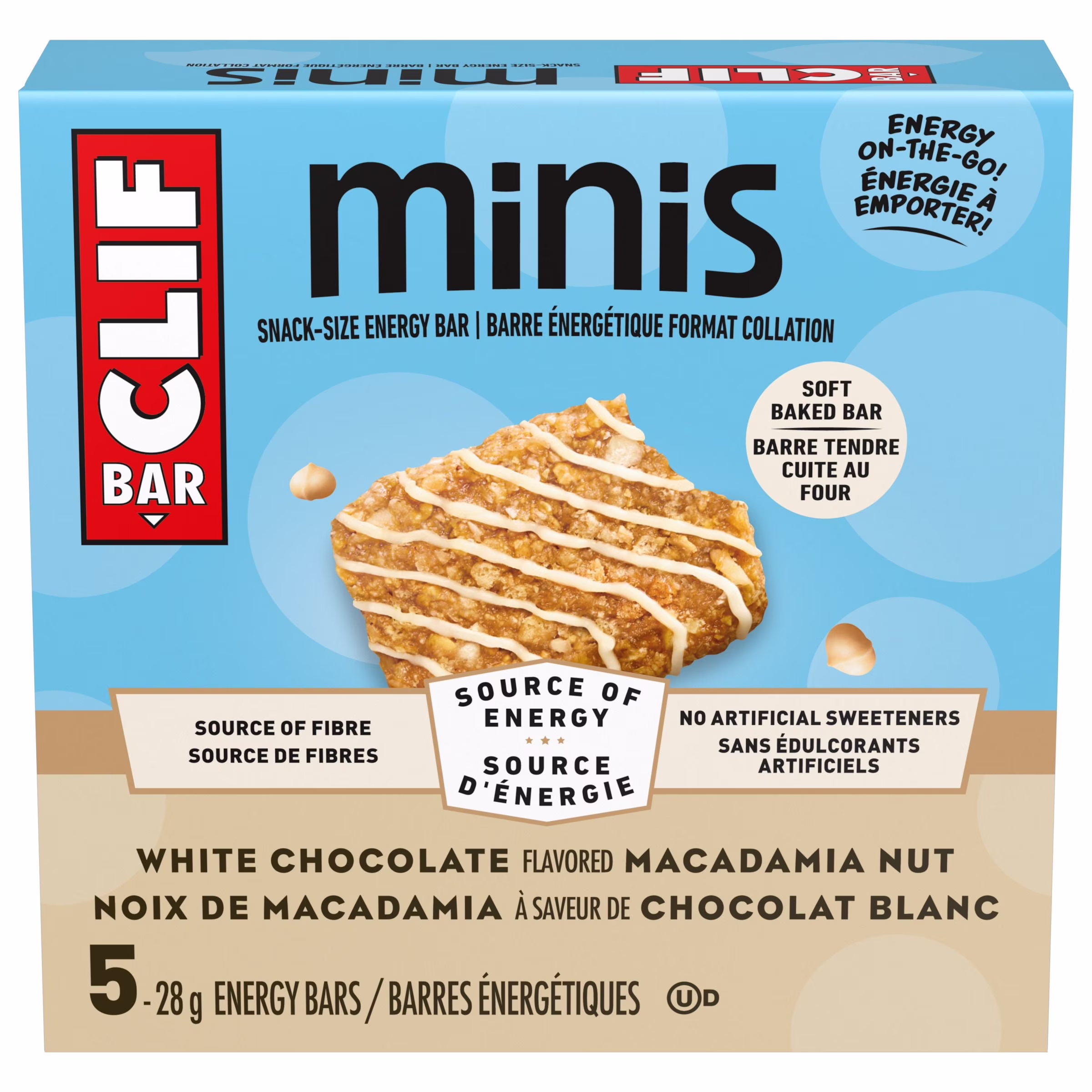Clif bar minis. barre énergétique format collation. noix de macadamia et chocolat blanc. source de fibres. sans édulcorants artificiels. contient 70 % d'ingrédients biologiques  (paquet de 5 barres)