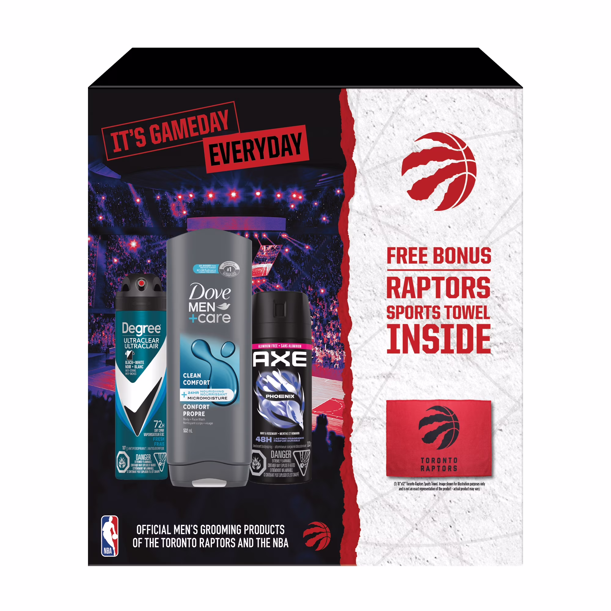 Ensemble-cadeau de toilette pour homme avec antisudorifique degree. atomiseur corporel axe et nettoyant corps et visage dove men+care degree men raptors basketball bonus serviette de sport 3 pièces