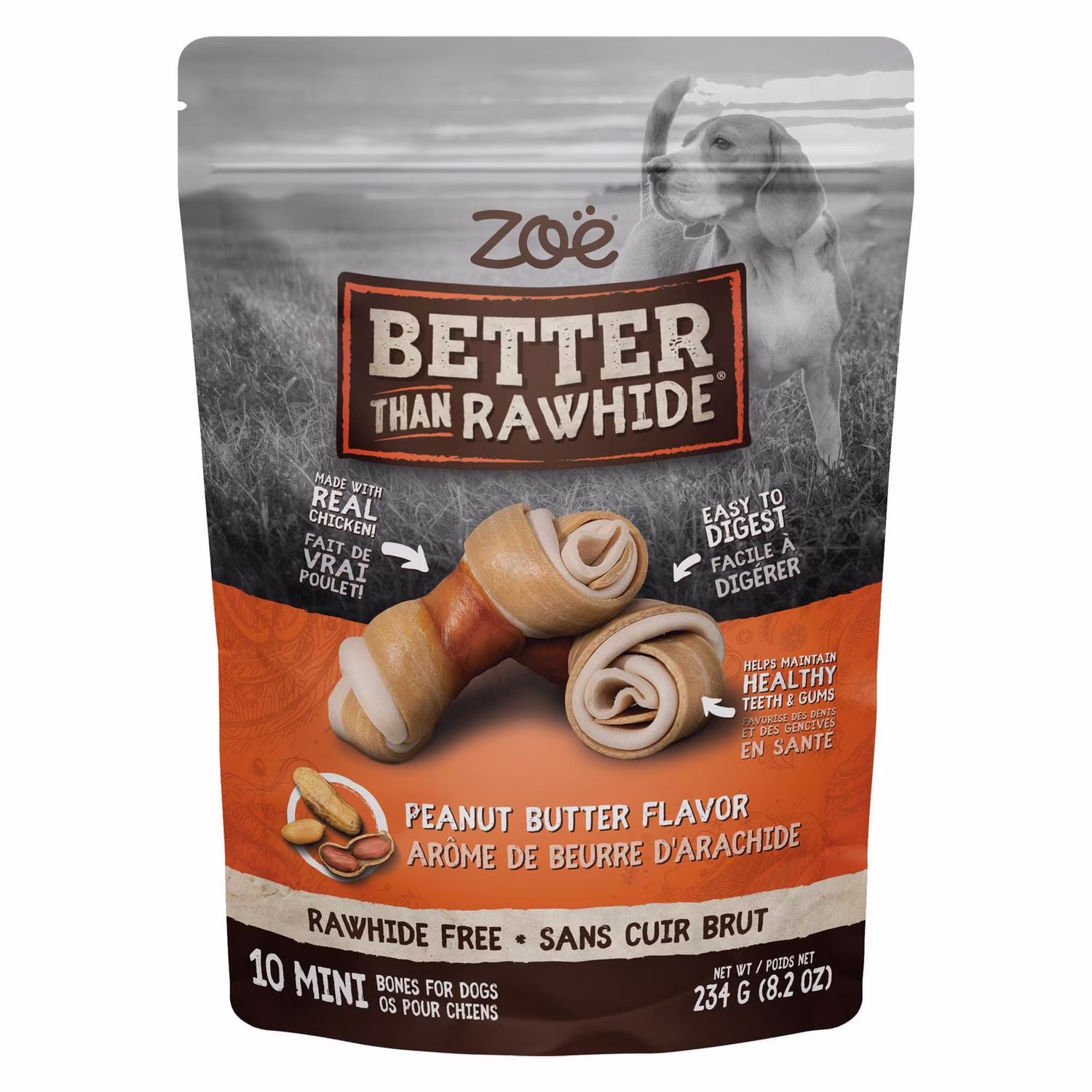 Zoe better than rawhide gâteries pour chiens en forme de mini os. arôme de beurre d'arachide.