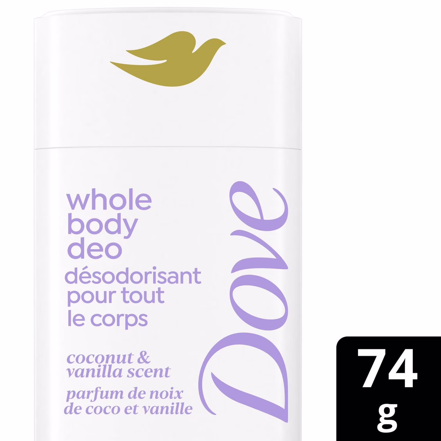 Déodorant corporel sans aluminium bâton anti-friction. dove parfum noix de coco et vanille. 72 heures de protection anti-odeurs