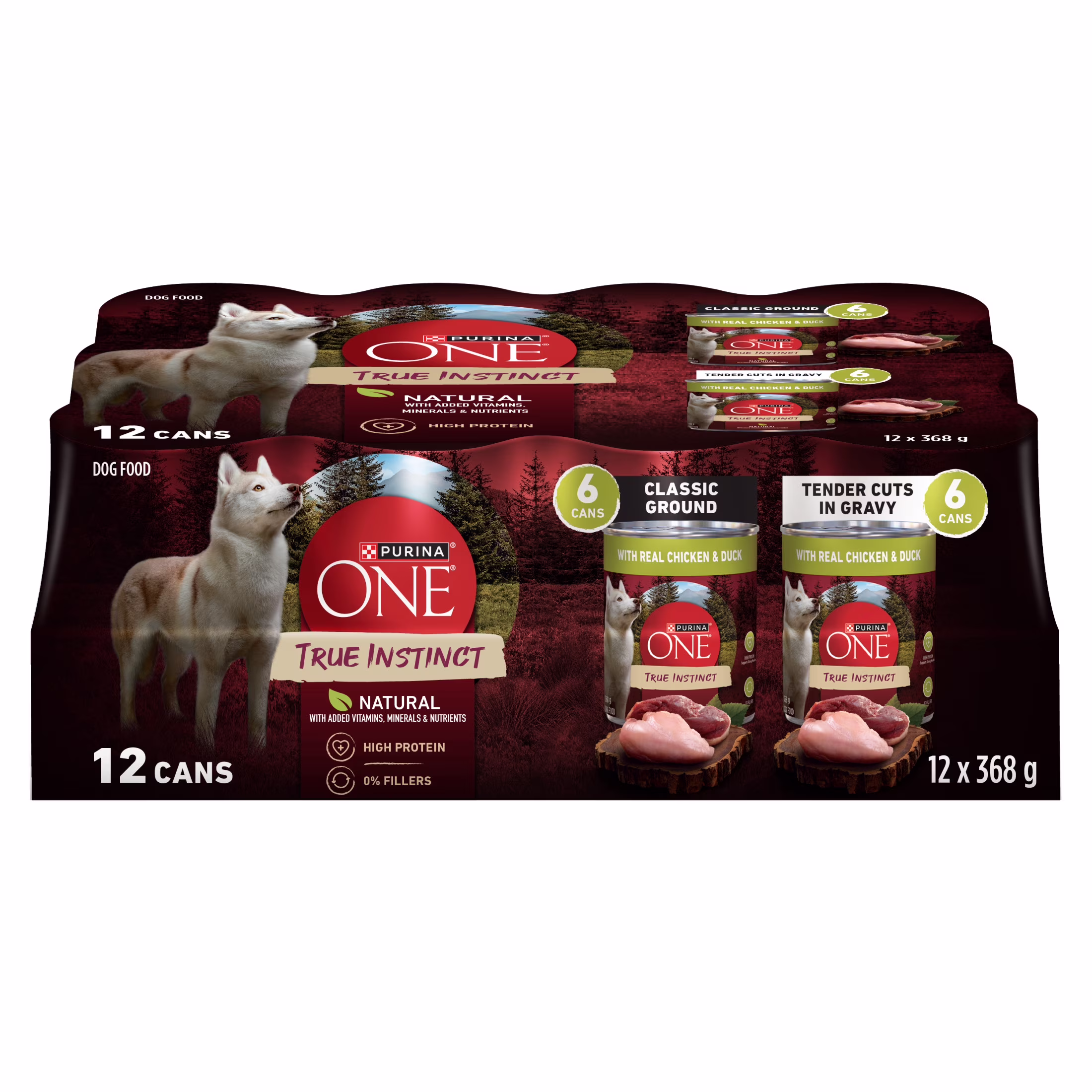 Purina one true instinct emballage assorti moulue classique et tendres morceaux en sauce. nourriture humide pour chiens.  x 6