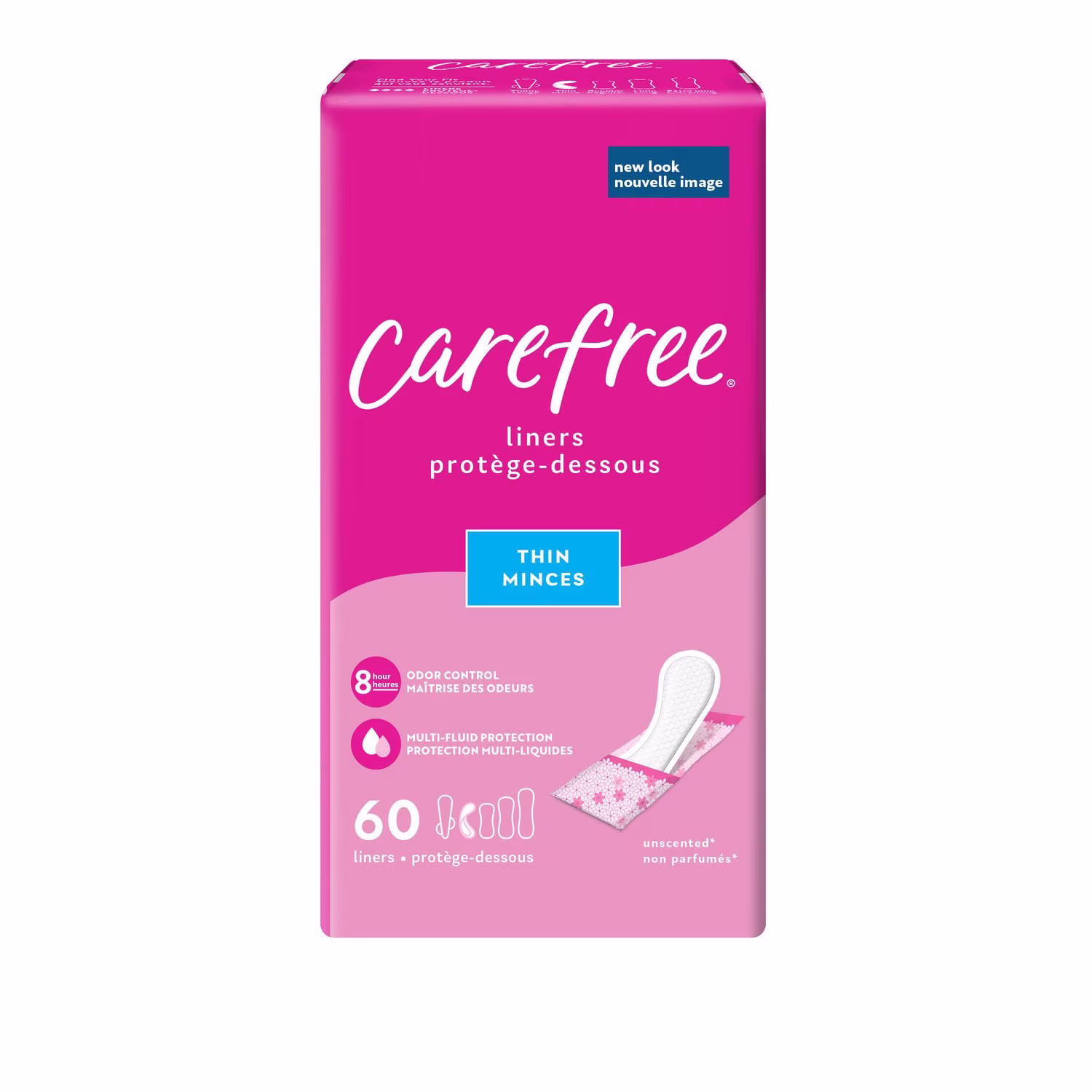 Emballage de 60 protège-dessous carefree acti-fresh galbés minces en sachets pratiques