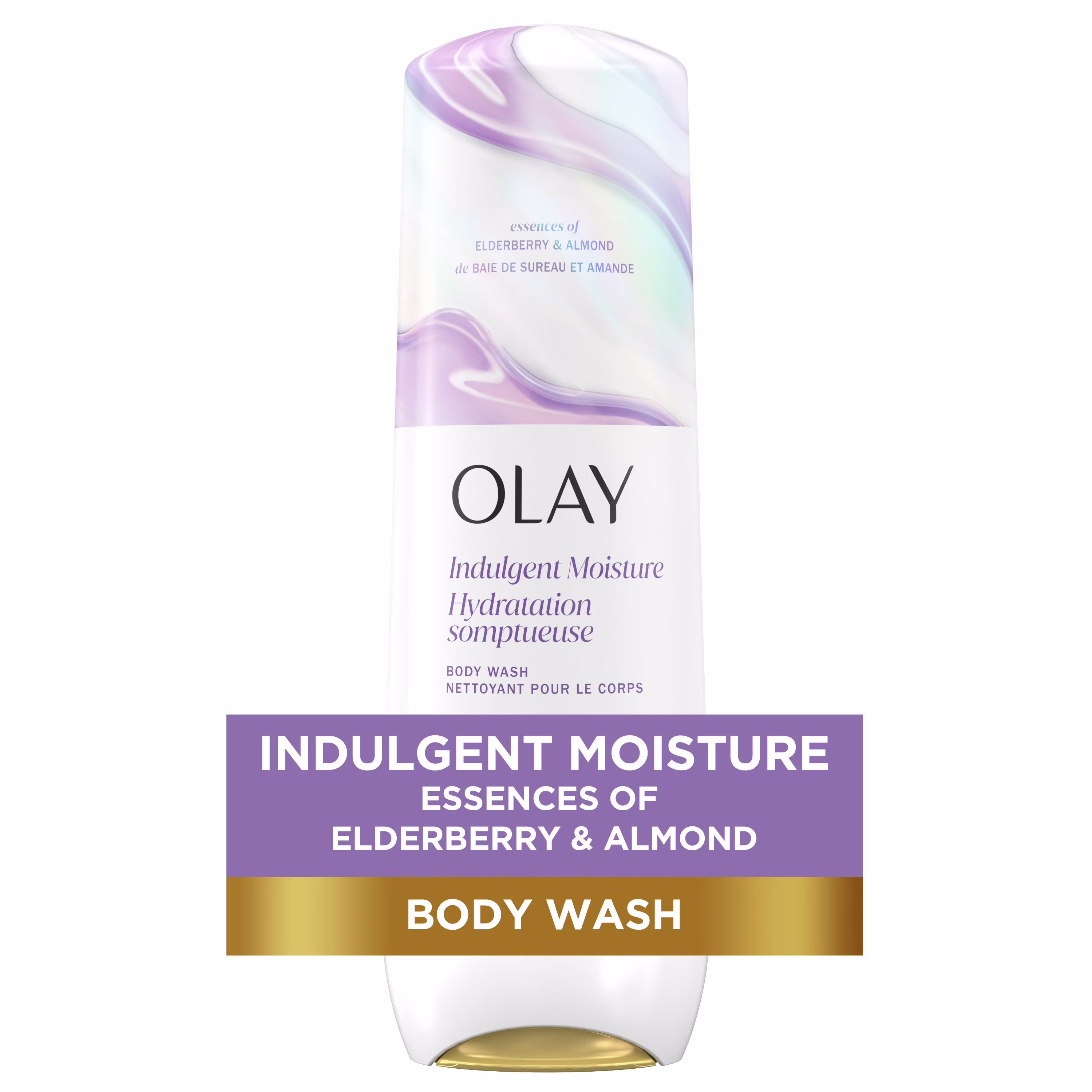 Olay hydratation somptueuse nettoyant pour le corps infusé de vitamine b3. notes de baie de sureau et de crème d'amande