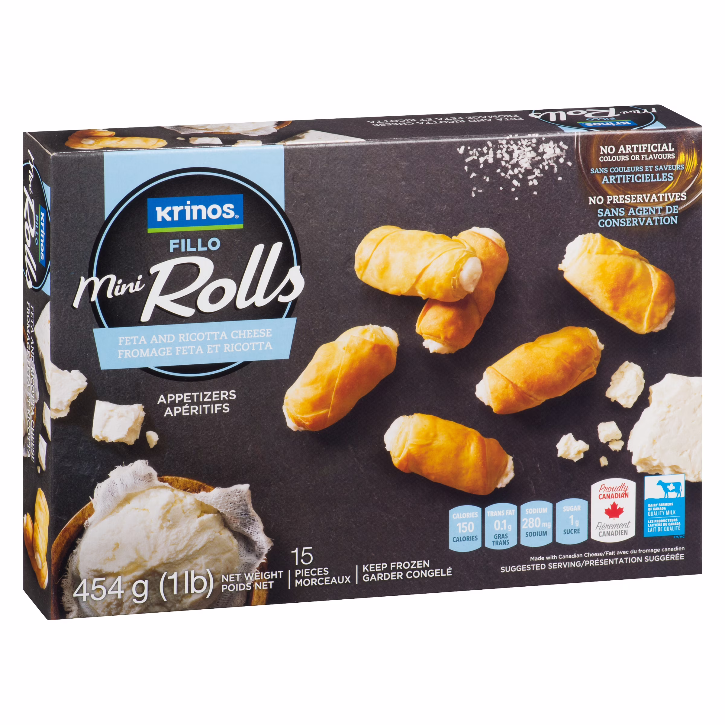 Fillo mini rolls - fromage feta et ricotta. cuisiner surgele. fabriqué au canada