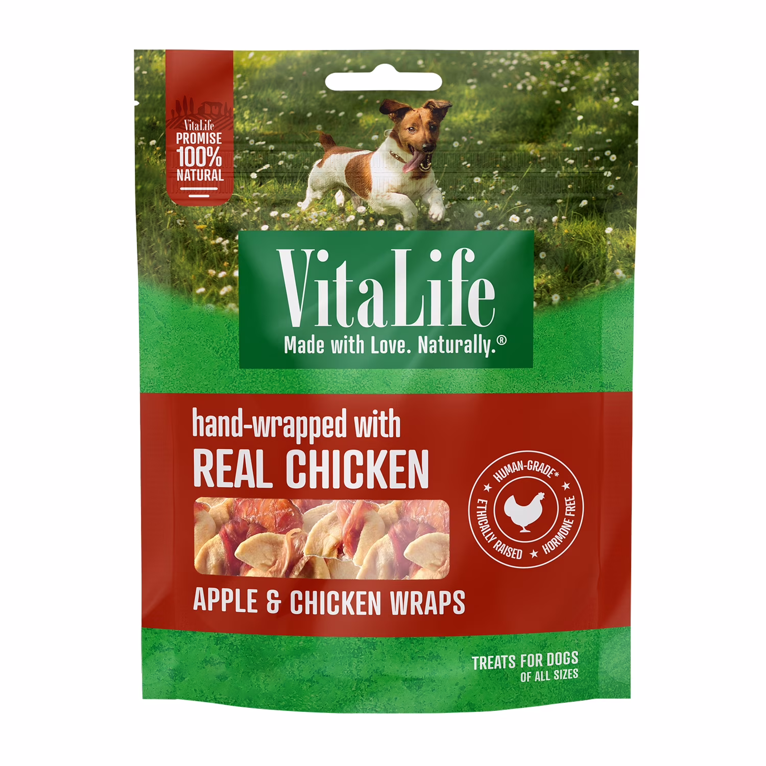 Roulés aux pommes et au poulet vitalife. friandises pour chiens entièrement naturelles et à base de viande séchée