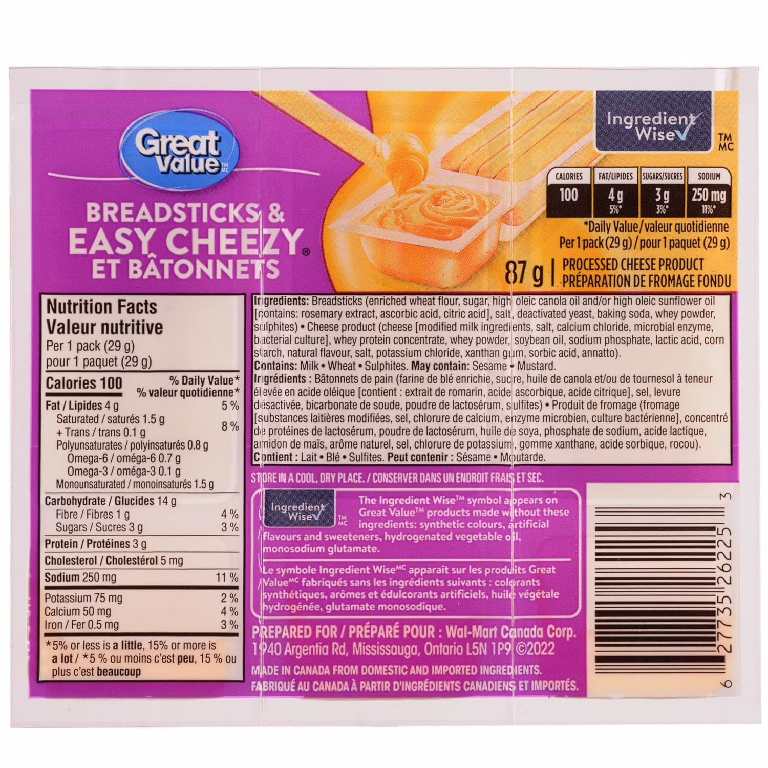 Easy cheezy et bâtonnets great value