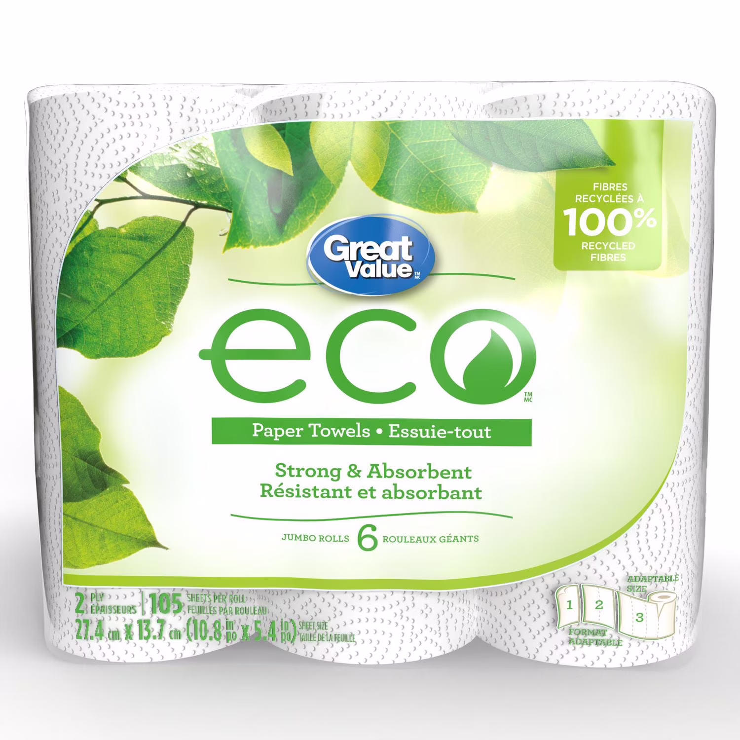 Great value eco essuie-tout. 6 rouleaux géants. 105 feuilles 105 feuilles. format adaptable