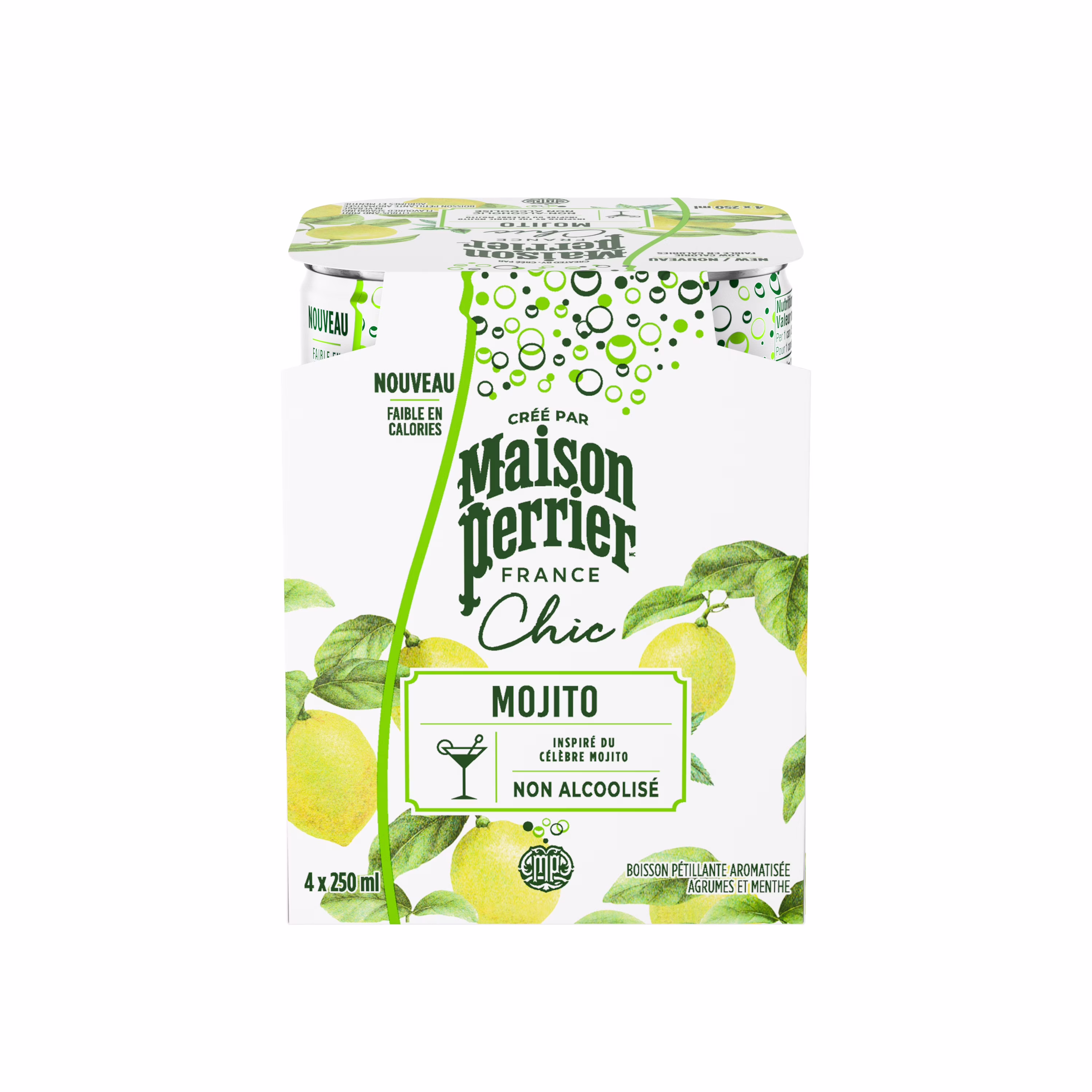 Maison perrier chic mojito. boisson pétillante non alcoolisée à saveur dagrumes et de menthe. cocktail sans alcool faible en calories. prêt à boire