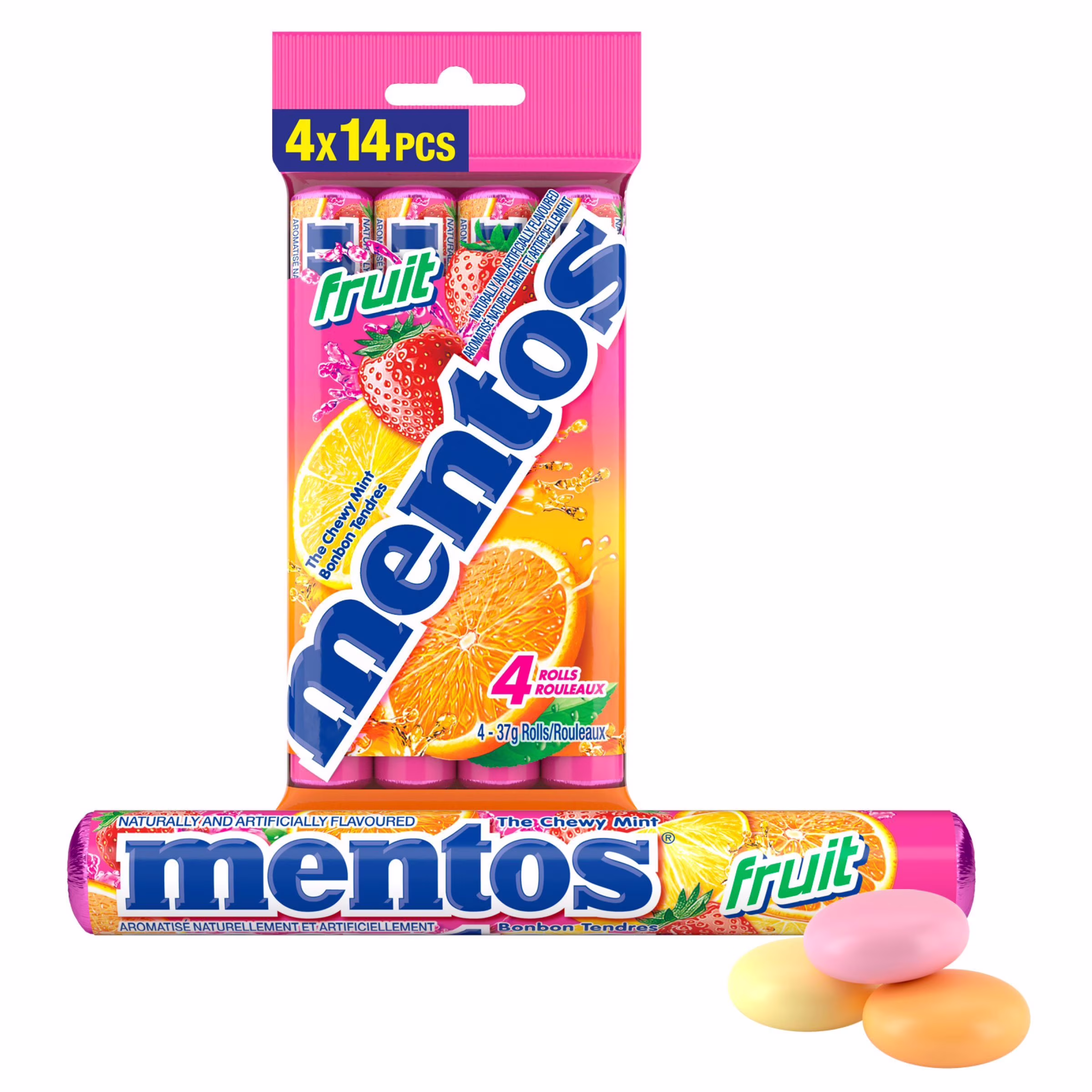 Menthes moelleuses en rouleaux mentos. fruits. en vrac. fêtes. non fondantes. 1.32 onces. 14 morceaux (paquet de 4) 4 rouleaux.
