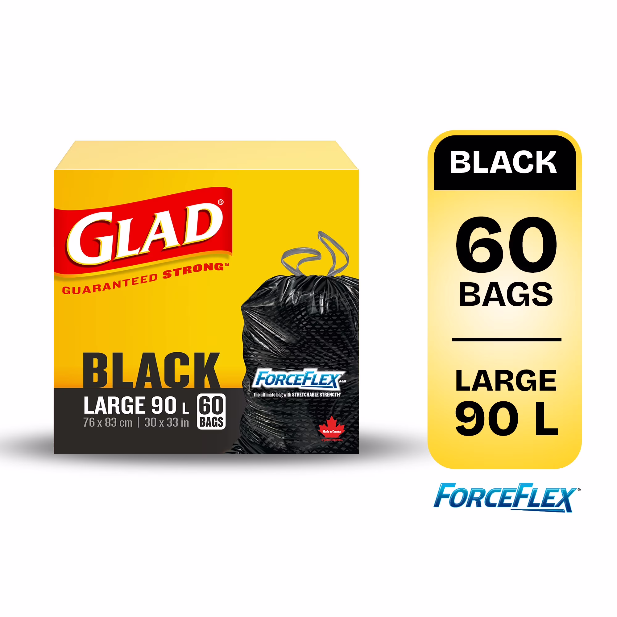 Grands sacs à ordures noirs forceflex de glad à cordon coulissant. boîte de 60 sacs à ordures de