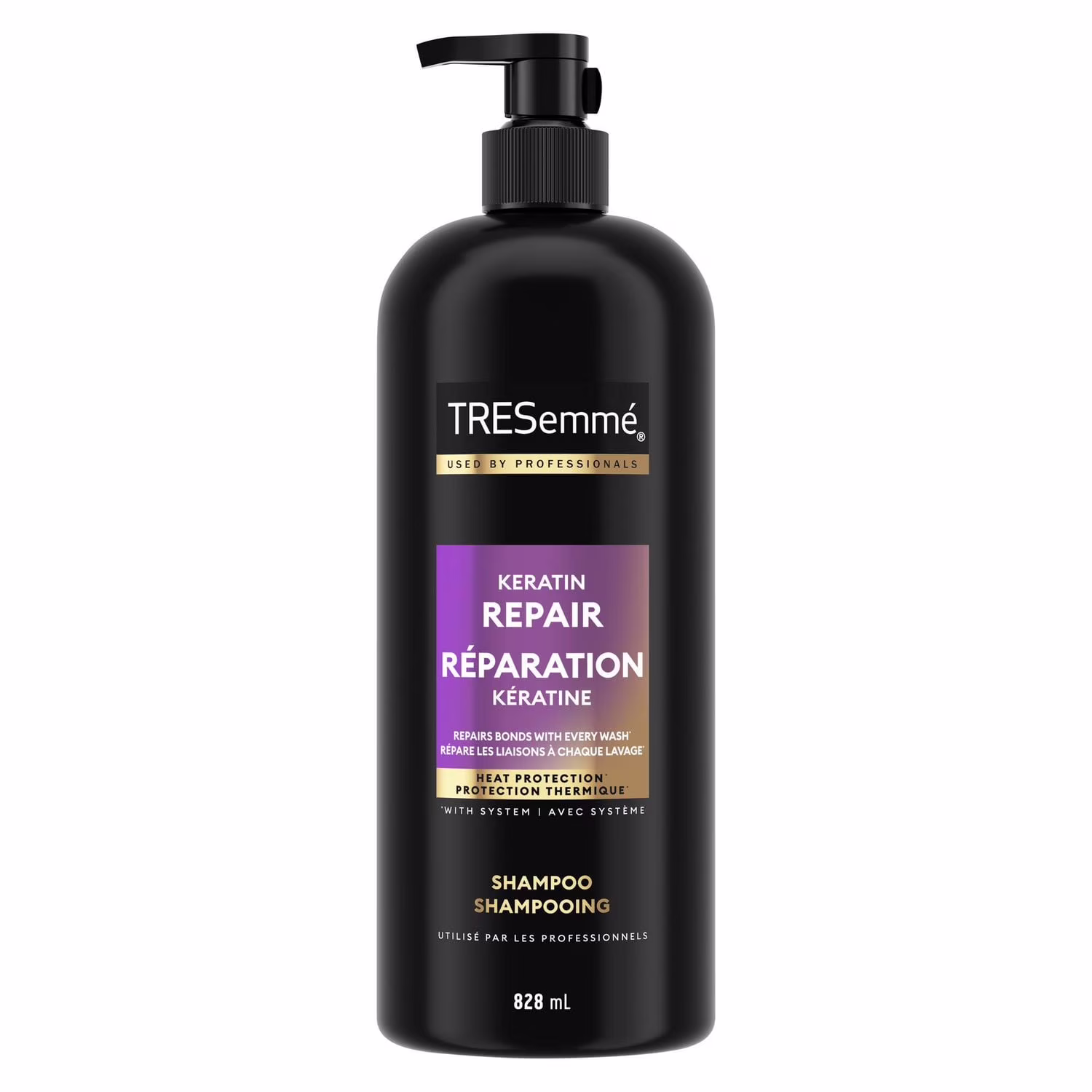 Tresemmé shampooing réparation kératine répare les liaisons à chaque lavage.