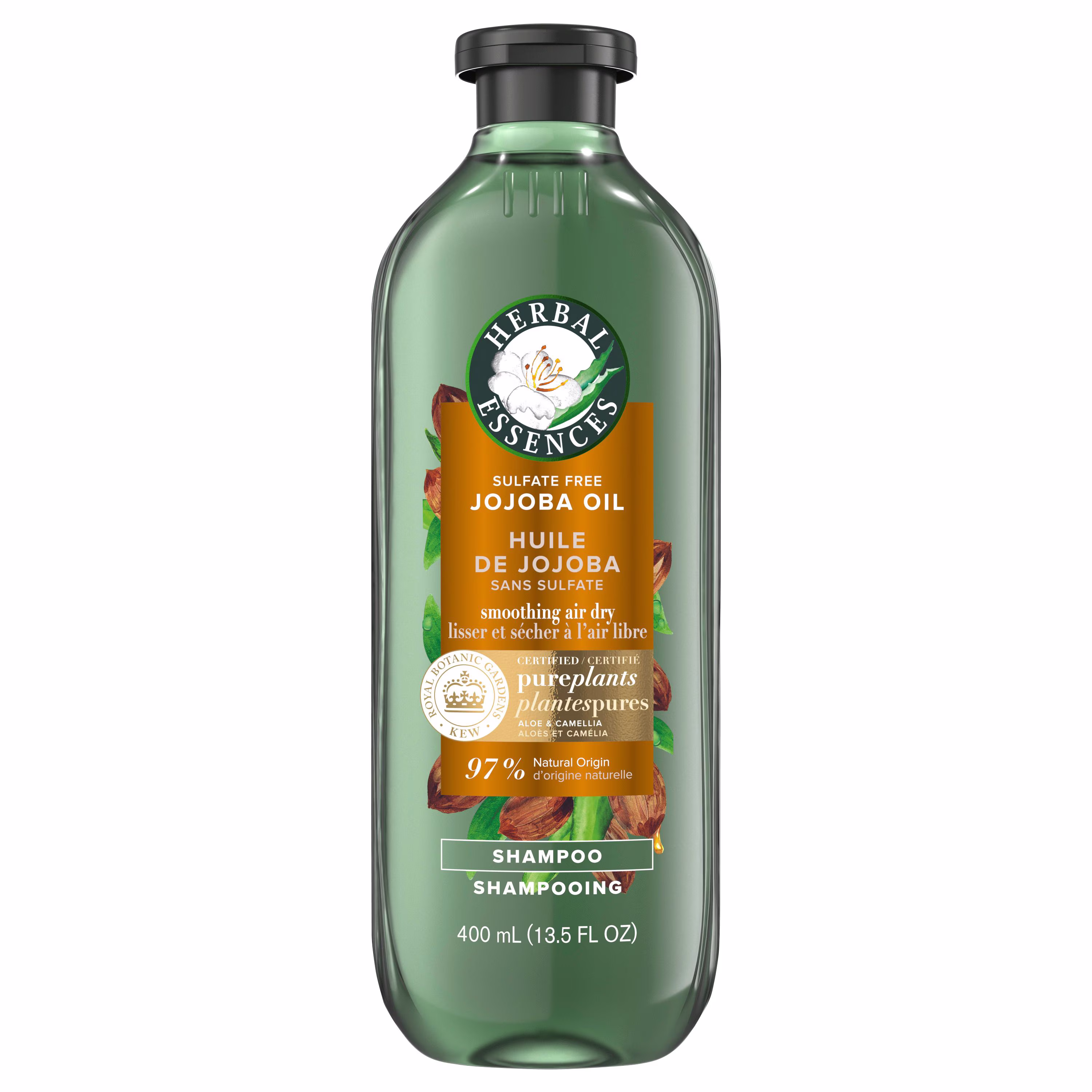 Shampooing sans sulfate herbal essences éclat et douceur à lhuile de jojoba.