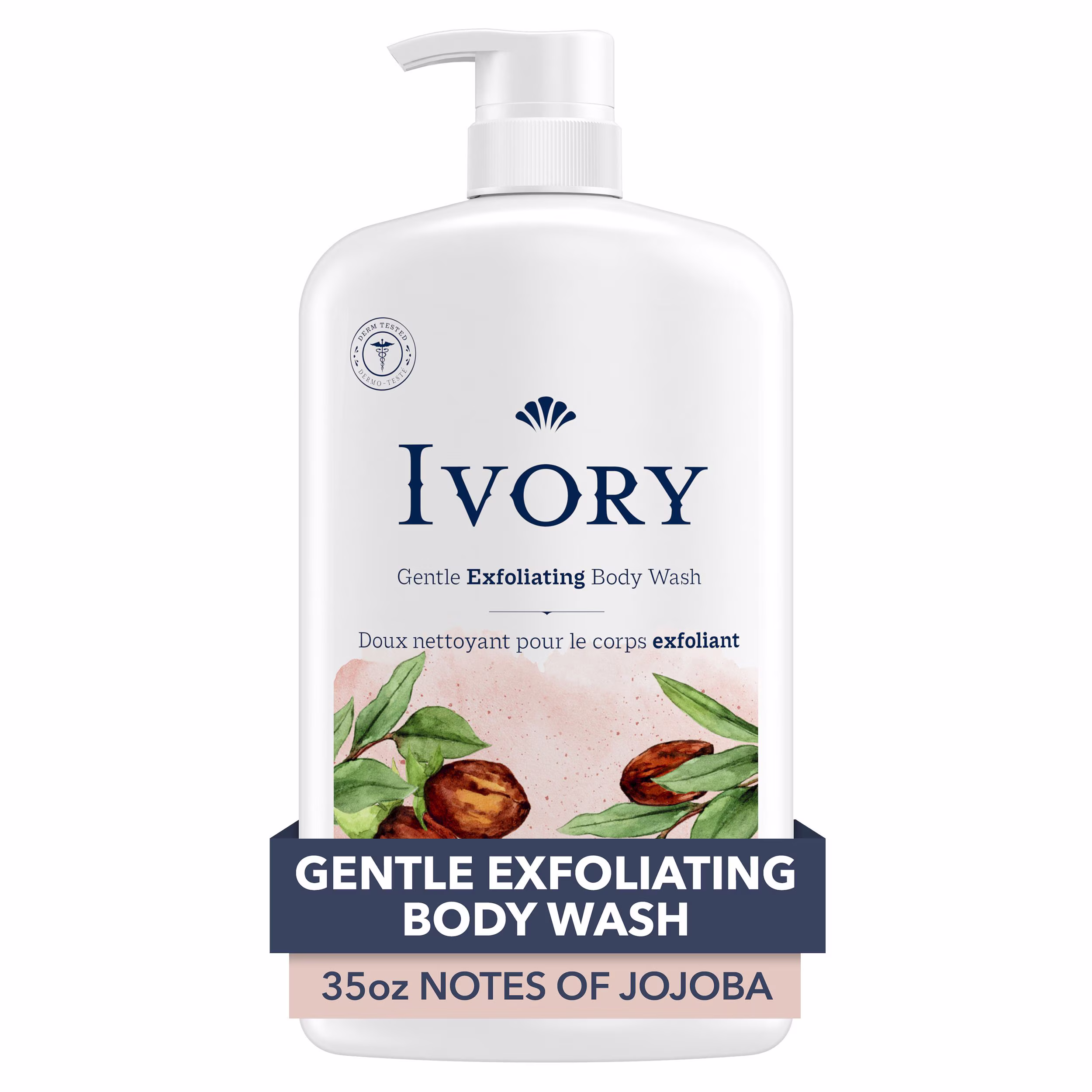 Ivory nettoyant pour le corps exfoliant doux. notes de parfum de jojoba