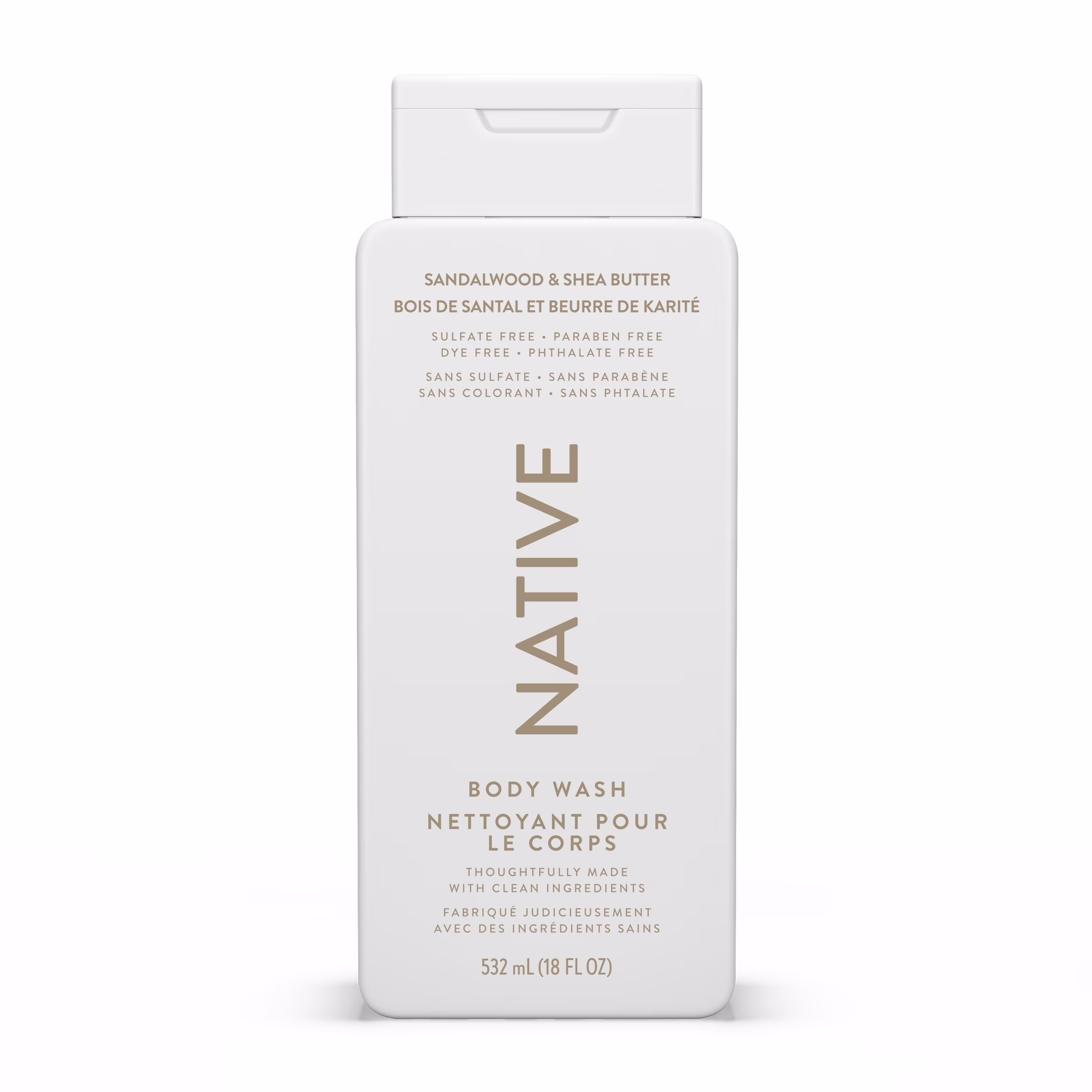 Native nettoyant pour le corps naturel. bois de santal & beurre de karité. sans sulfate. sans parabène