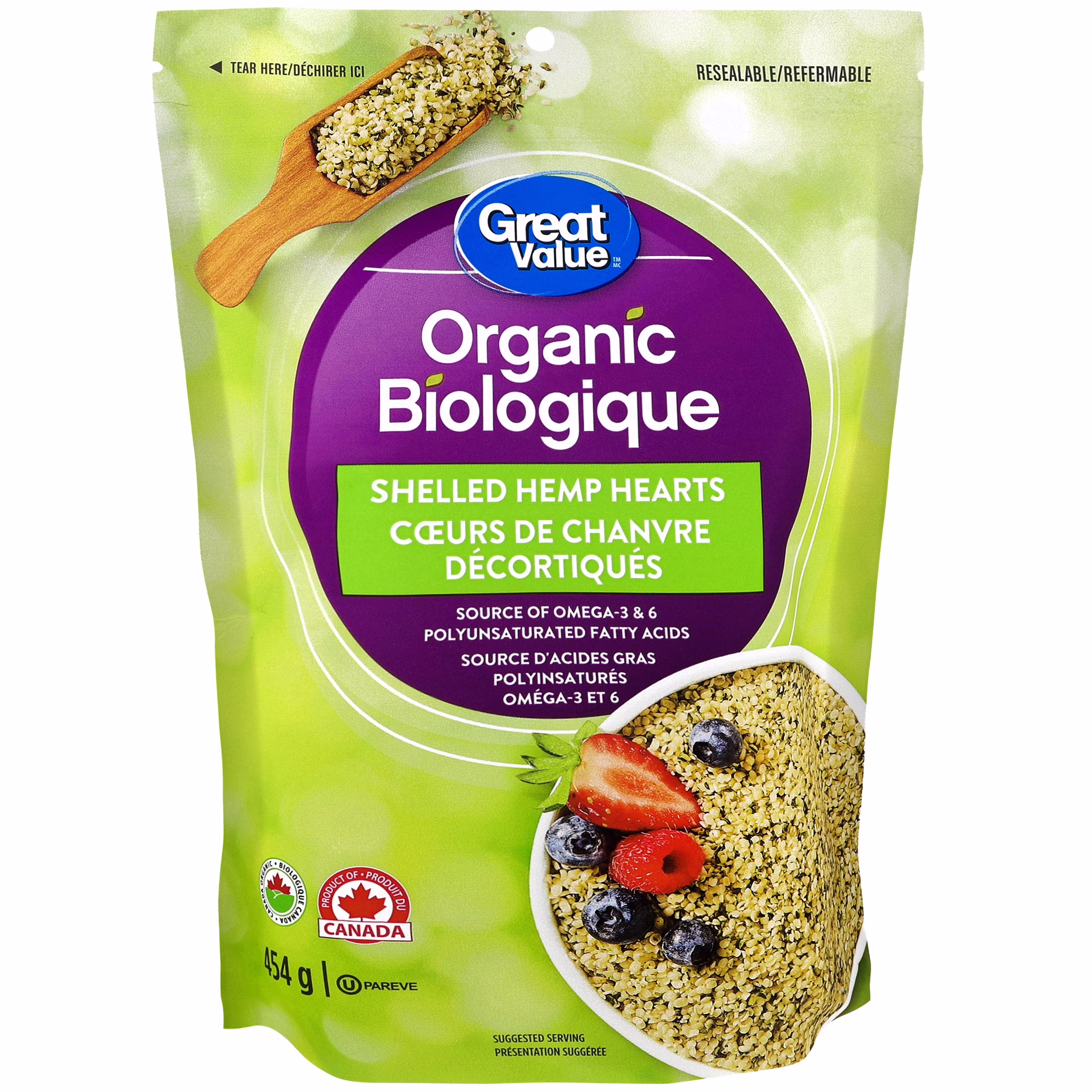 Cœurs de chanvre décortiqués biologiques great value 454& g