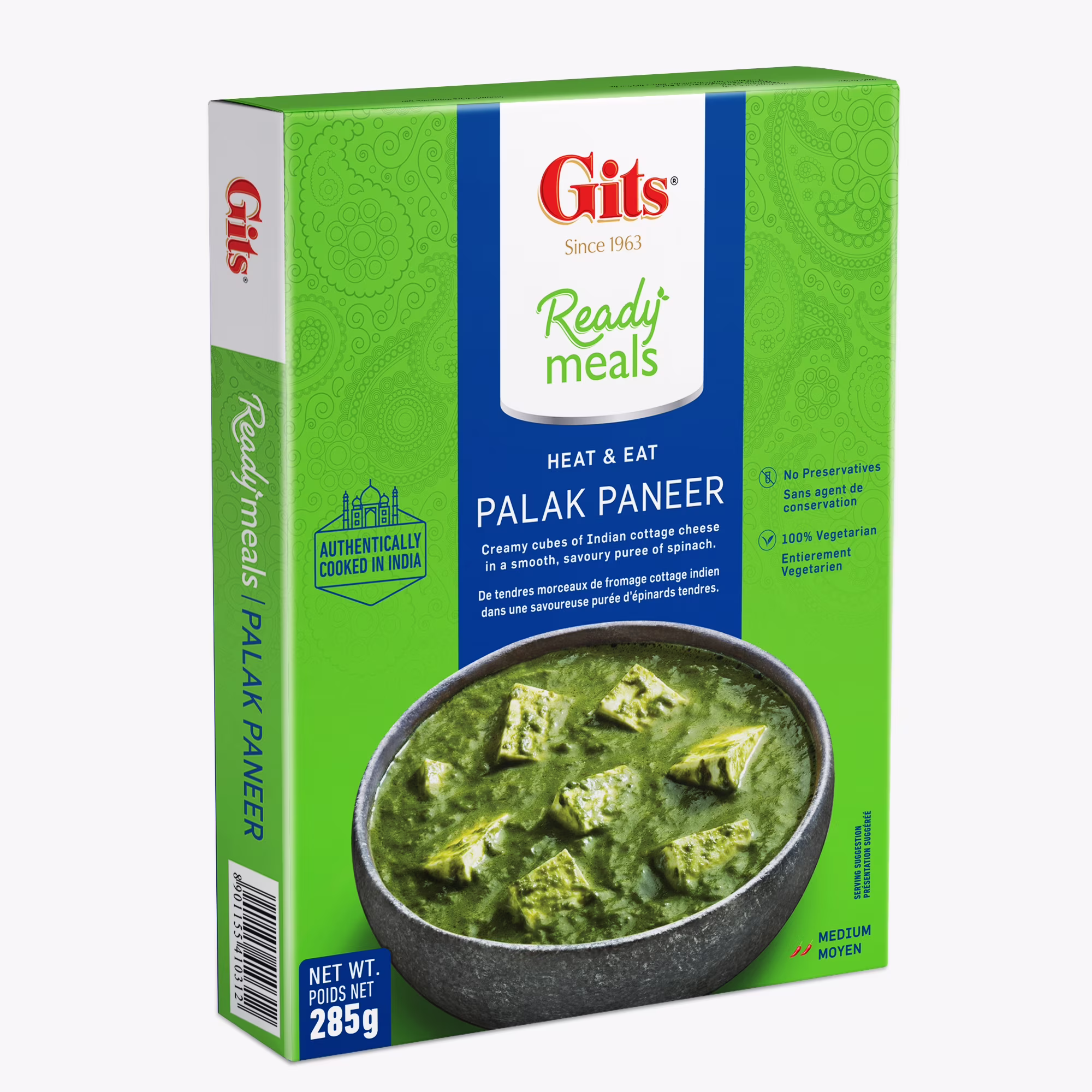 Gits palak paneer prêt à consommer  plat indien traditionnel prêt à consommer. composé de cubes de fromage cottage dans une sauce crémeuse et douce à base d'épinards.