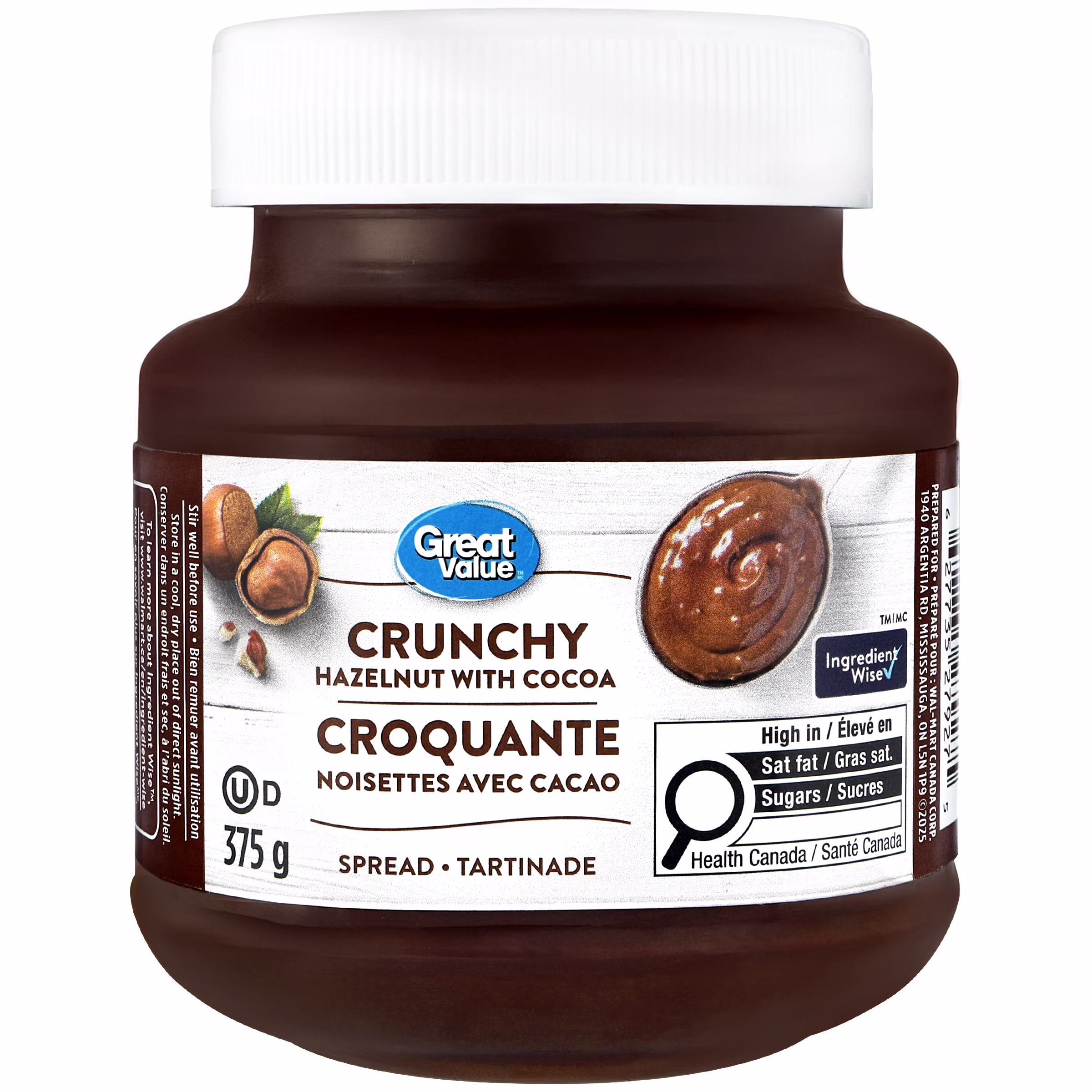 Tartinade croquante noisettes avec cacao great value 375& g