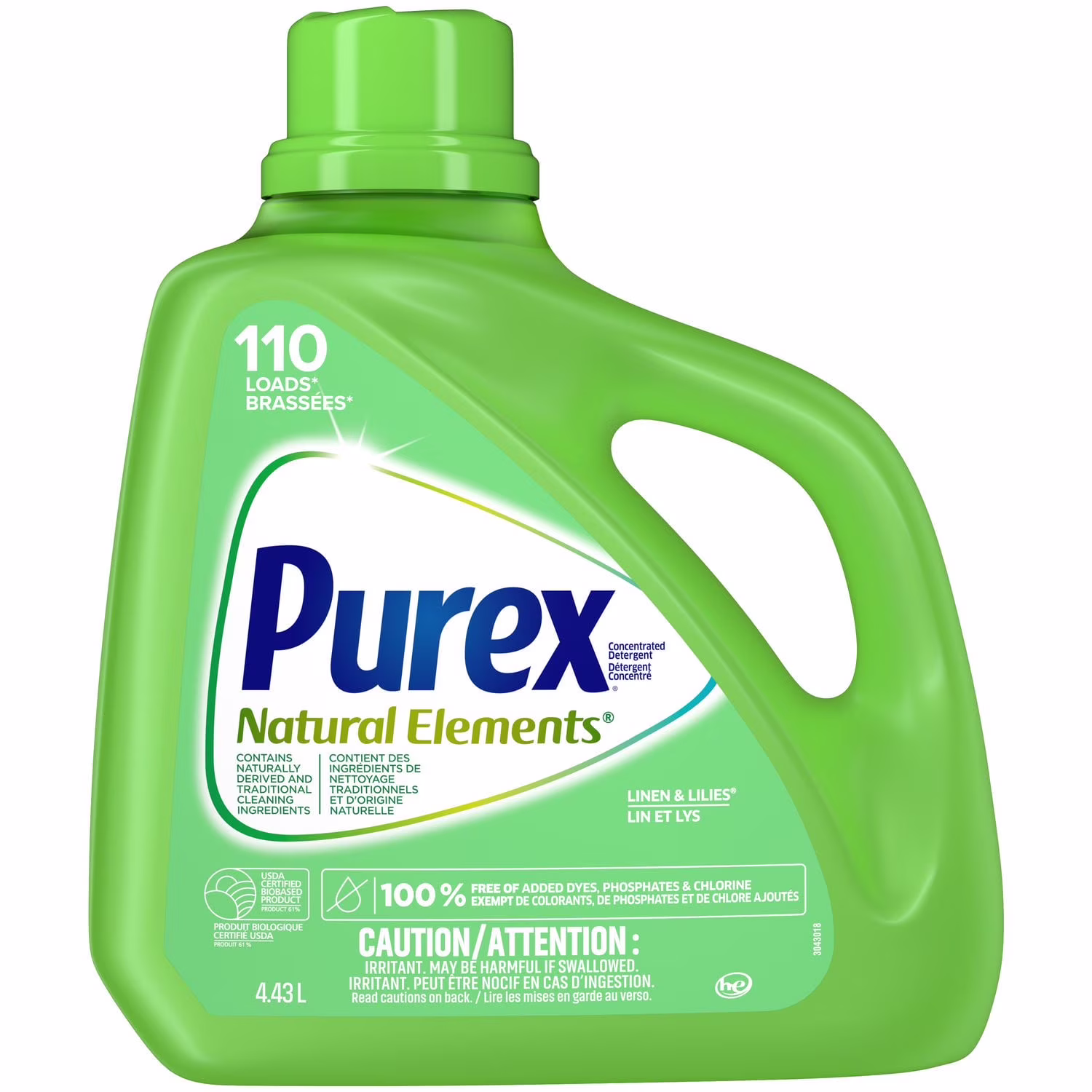 Purex détergent à lessive liquide concentré 4-en-1. natural elements. lin et lis. sans colorants ajoutés. 4.43 litres. 110 brassées 1 bouteille