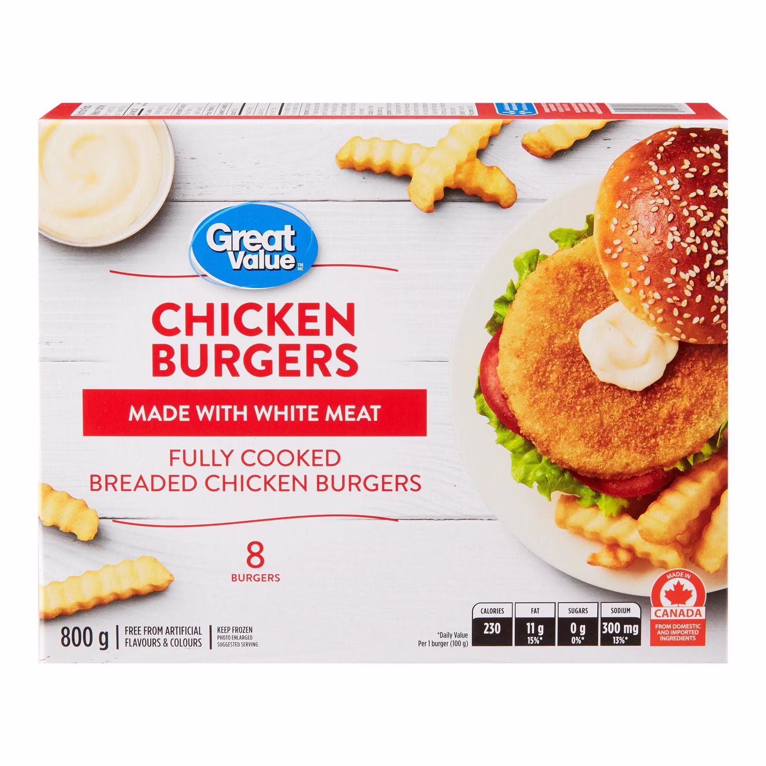 Burgers de poulet great value 8 hamburgers.