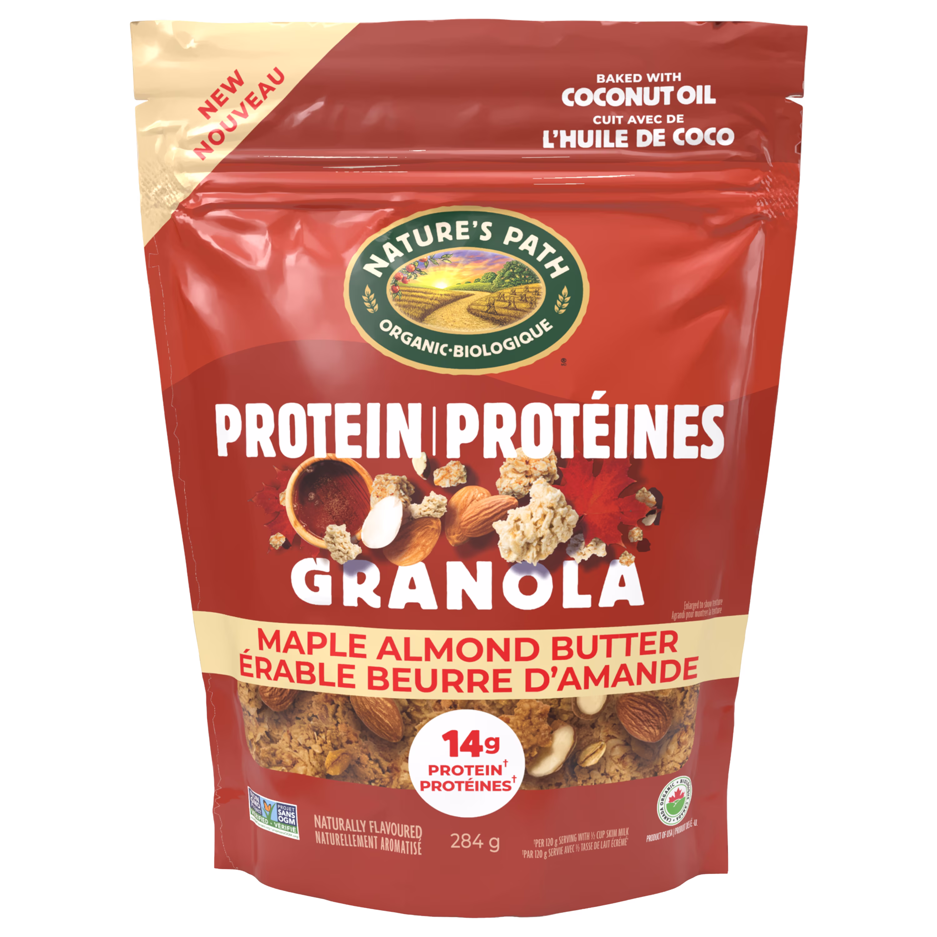 Granola protéiné biologique érable et beurre damande natures path. 284& g. sac