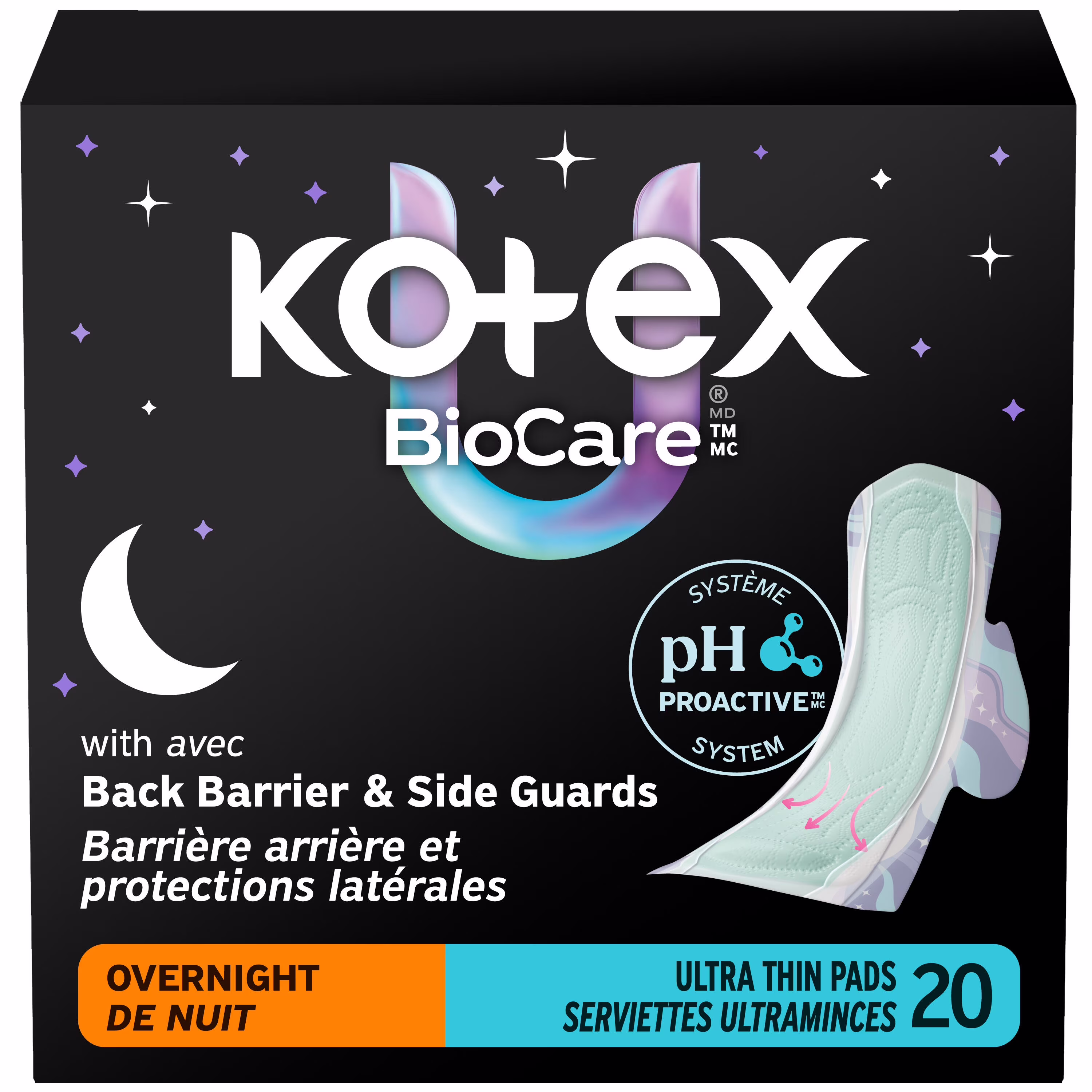 Serviettes ultraminces de nuit kotex biocare avec ailes. absorption élevée. 20 unités