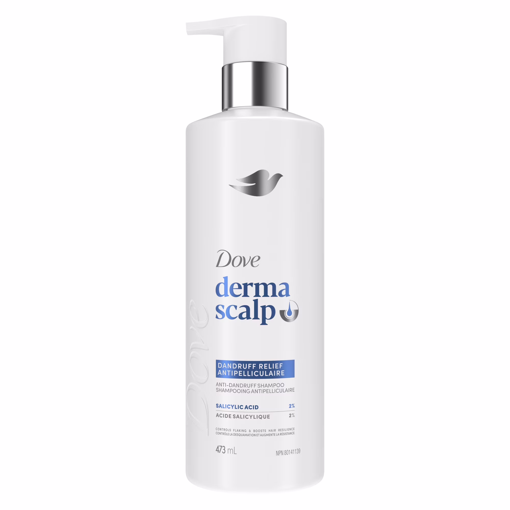 Shampooing pour renforcer la résilience et contrôler les pellicules. dove derma scalp soulagement des pellicules avec acide salicylique.