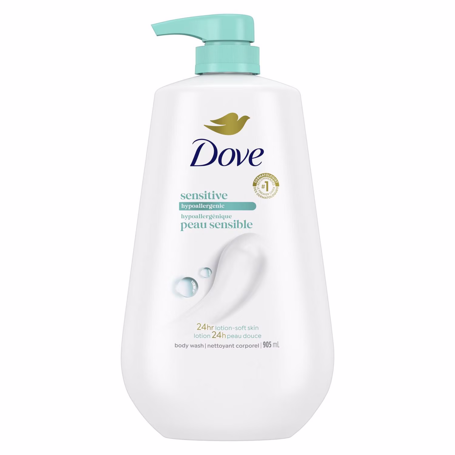 Dove nettoyant corporel hypoallergénique peau sensible hydratant.